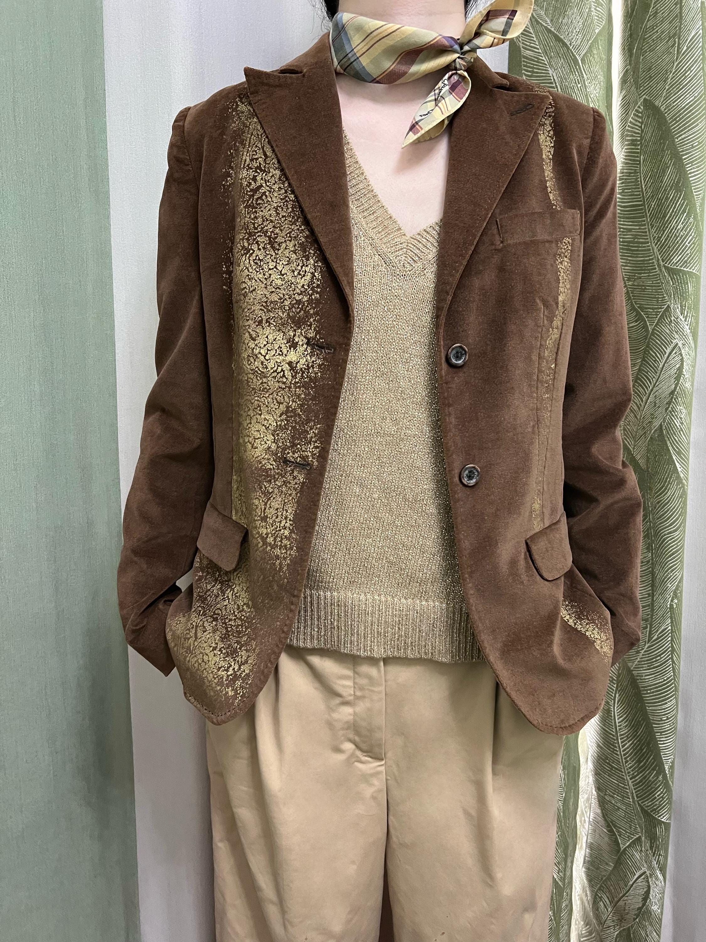 Vintage Brown Roberto Cavalli Blazer: Metallic Gold Detail, Cotton Velvet