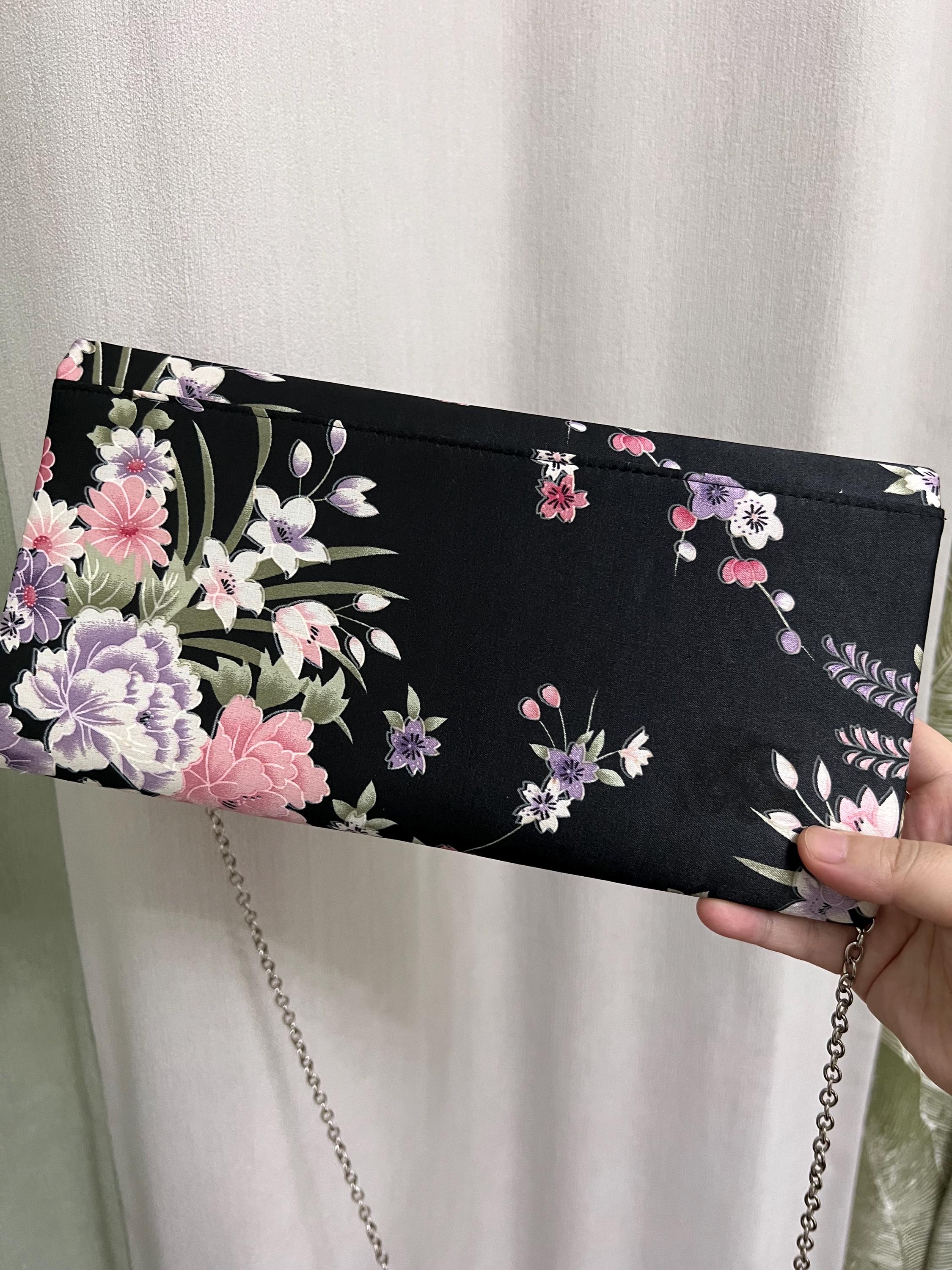 Vintage Floral Satin Clutch Bag – 3-Way Convertible – 27×16 cm with Chain Strap