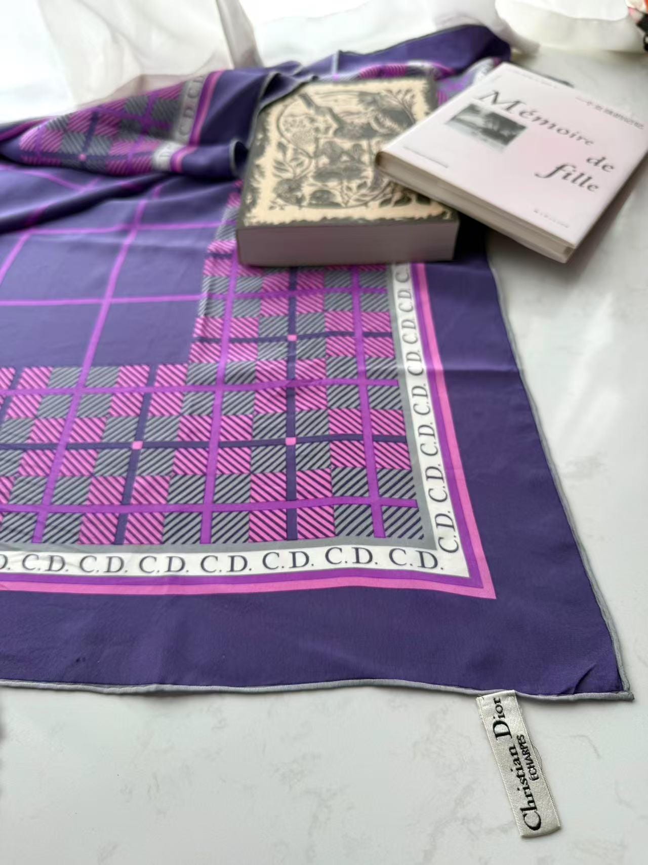 Christian Dior Vintage Square Scarf – 100% Silk, Purple Pink Geometric Wrap