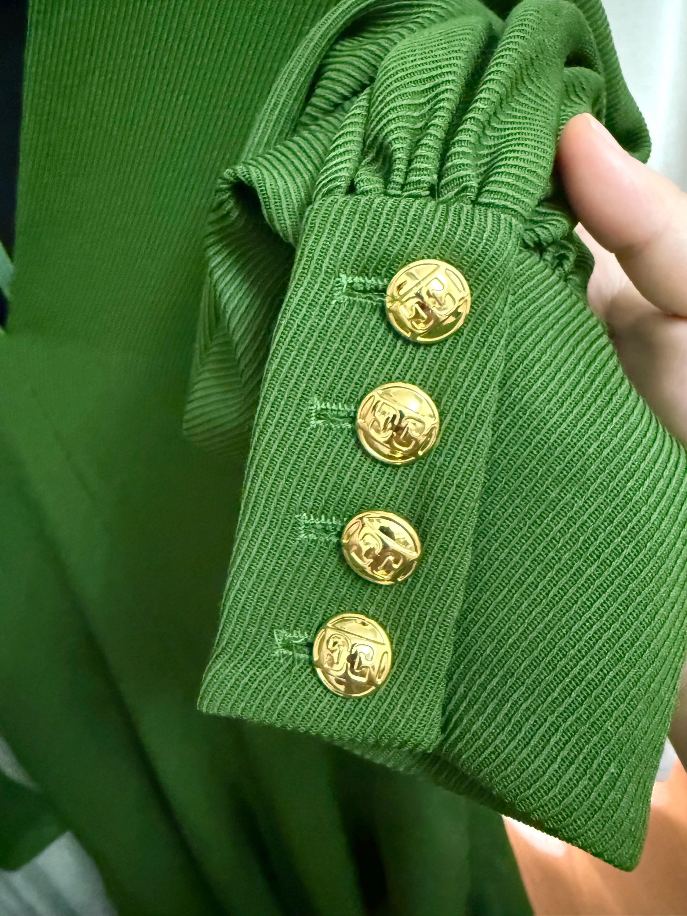 ESCADA Green Midi Dress – Puff Sleeve, Gold Button Detail, Size 38 – Elegant Designer Look
