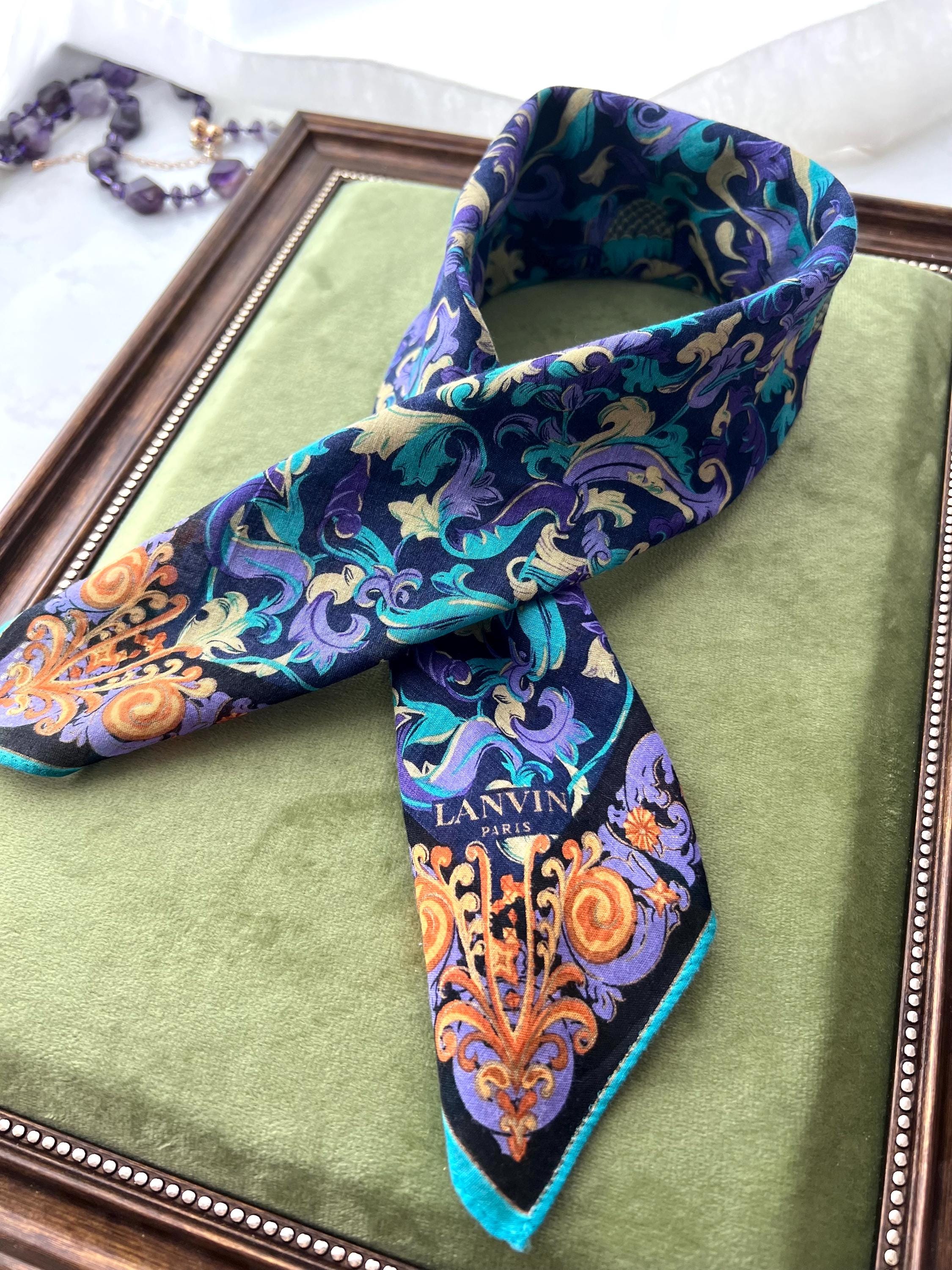 Rare Pre-Owned LANVIN Paris Cotton Scarf – Baroque Floral Design, Collectible Square 47×49cm