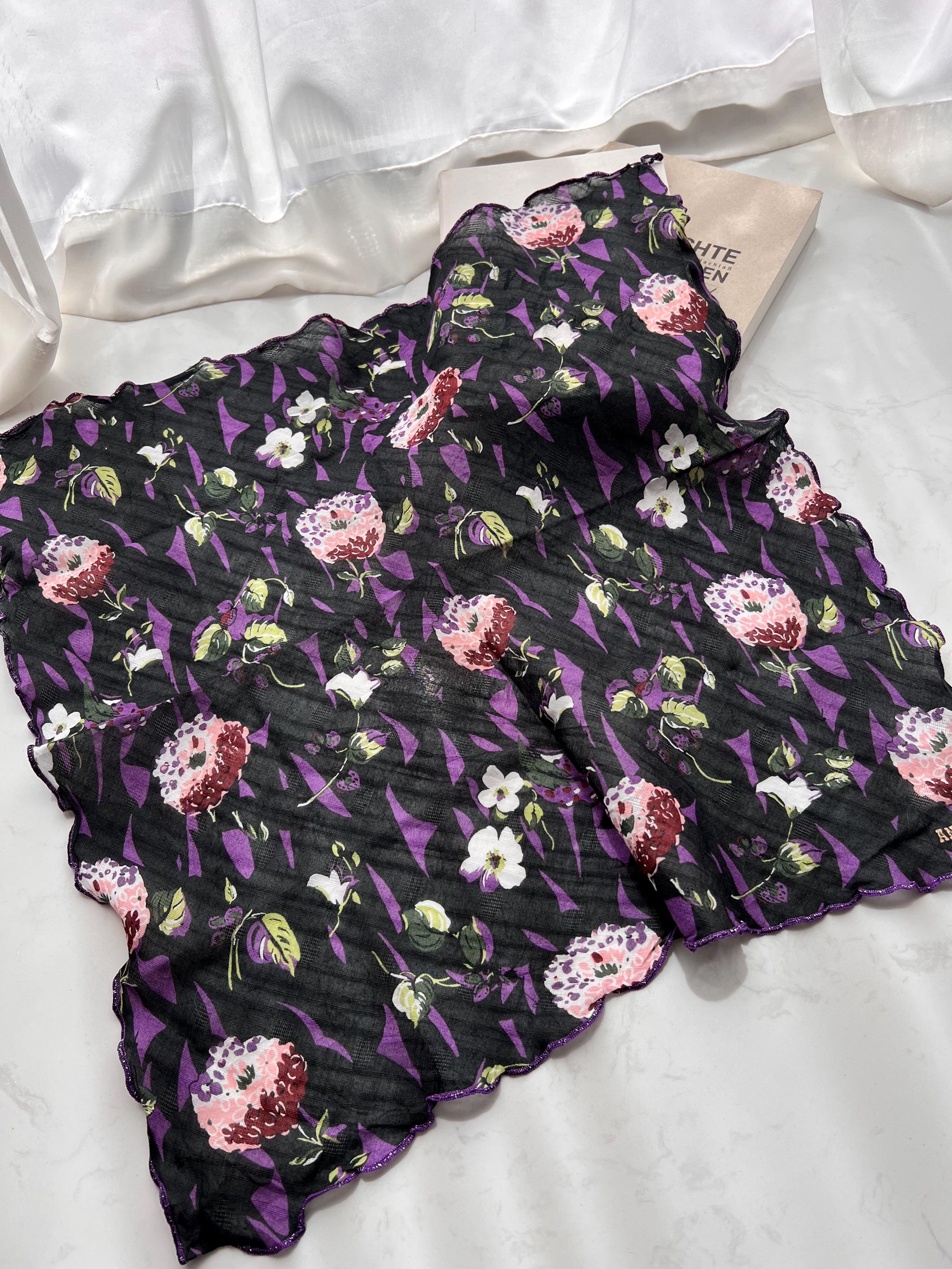 Anna Sui Vintage Scarf – Purple Floral Cotton Boho Square, Retro Designer Wrap