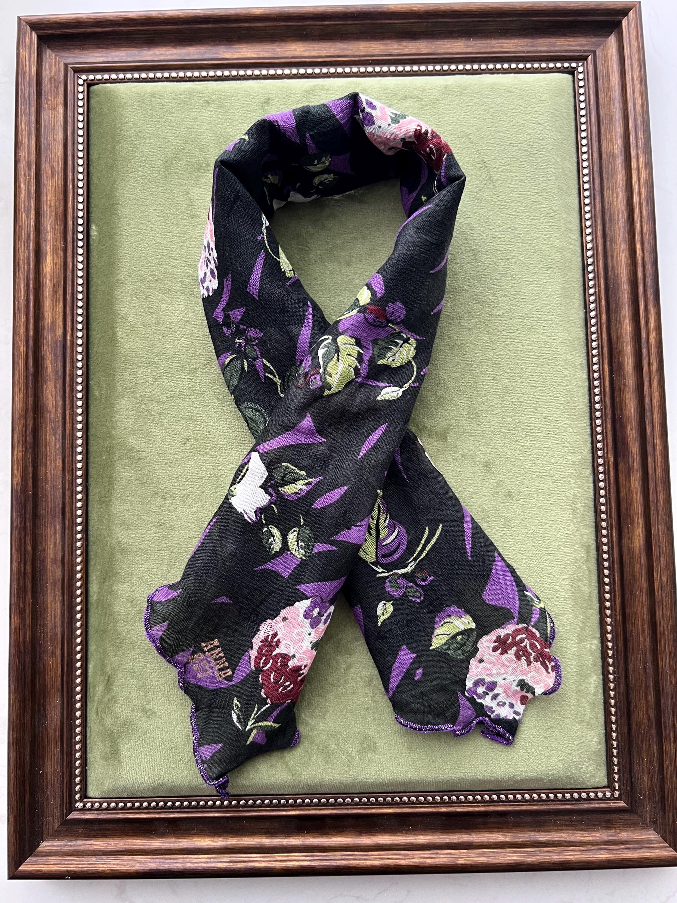 Anna Sui Vintage Scarf – Purple Floral Cotton Boho Square, Retro Designer Wrap