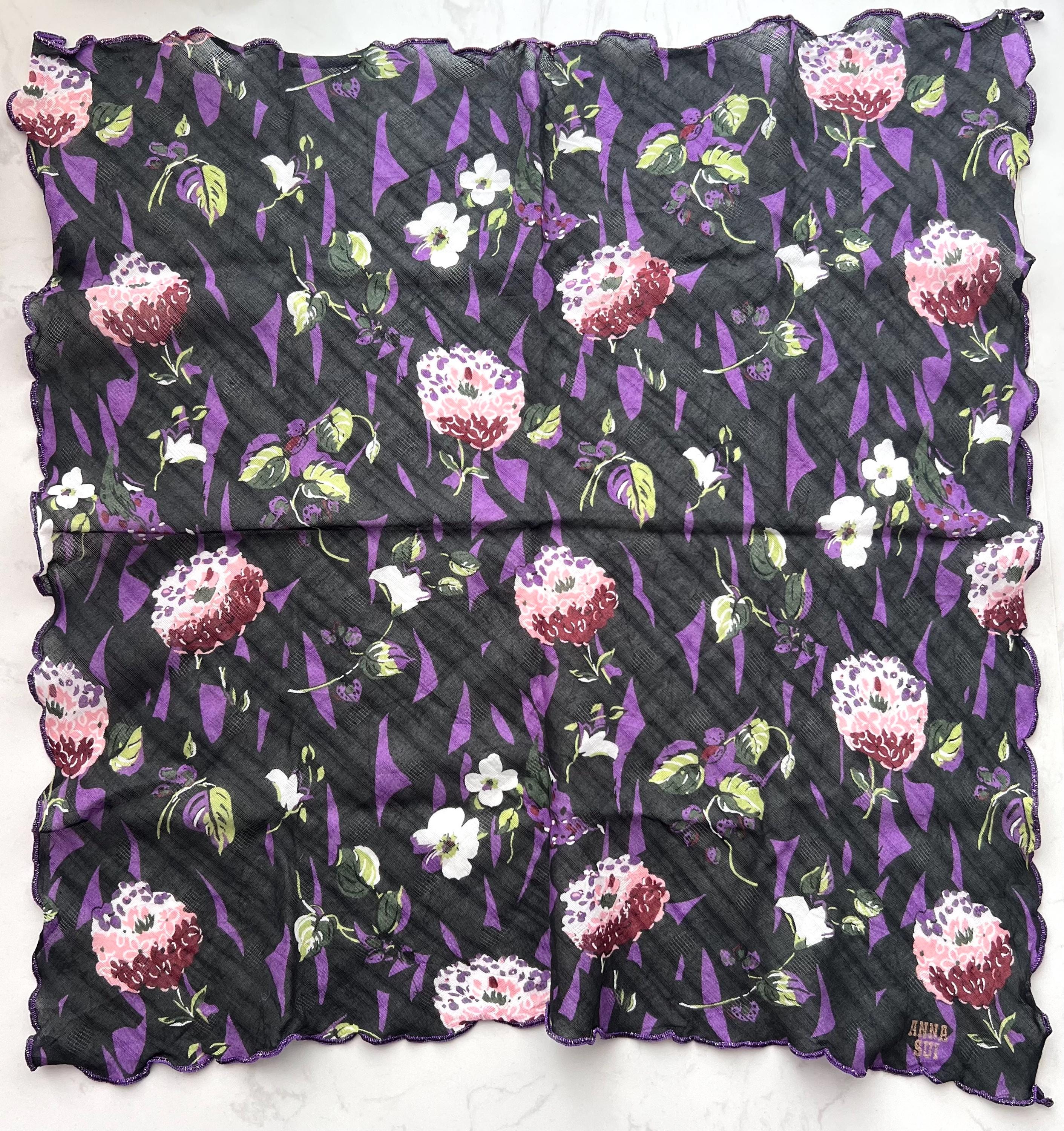 Anna Sui Vintage Scarf – Purple Floral Cotton Boho Square, Retro Designer Wrap