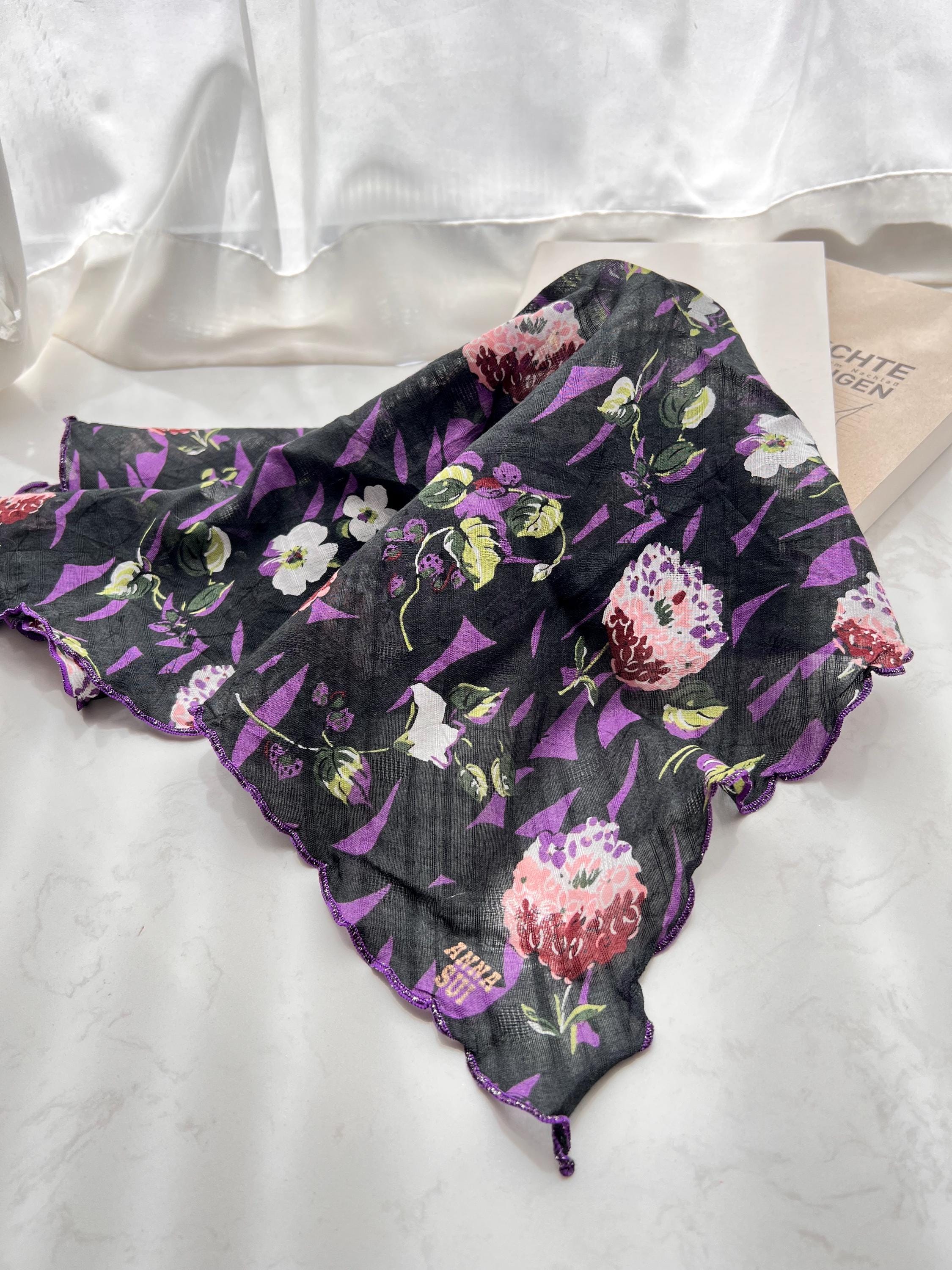 Anna Sui Vintage Scarf – Purple Floral Cotton Boho Square, Retro Designer Wrap