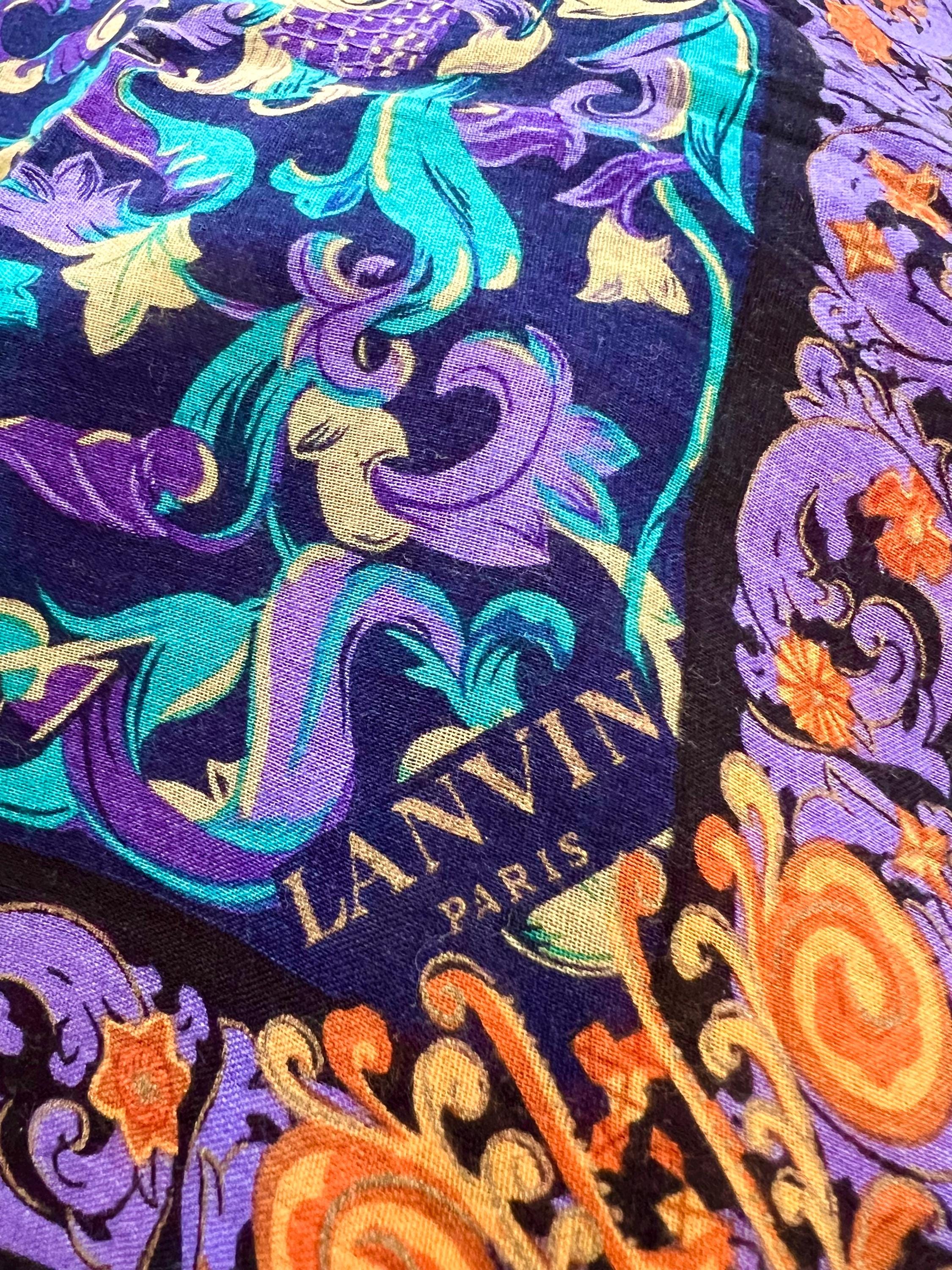 Rare Pre-Owned LANVIN Paris Cotton Scarf – Baroque Floral Design, Collectible Square 47×49cm