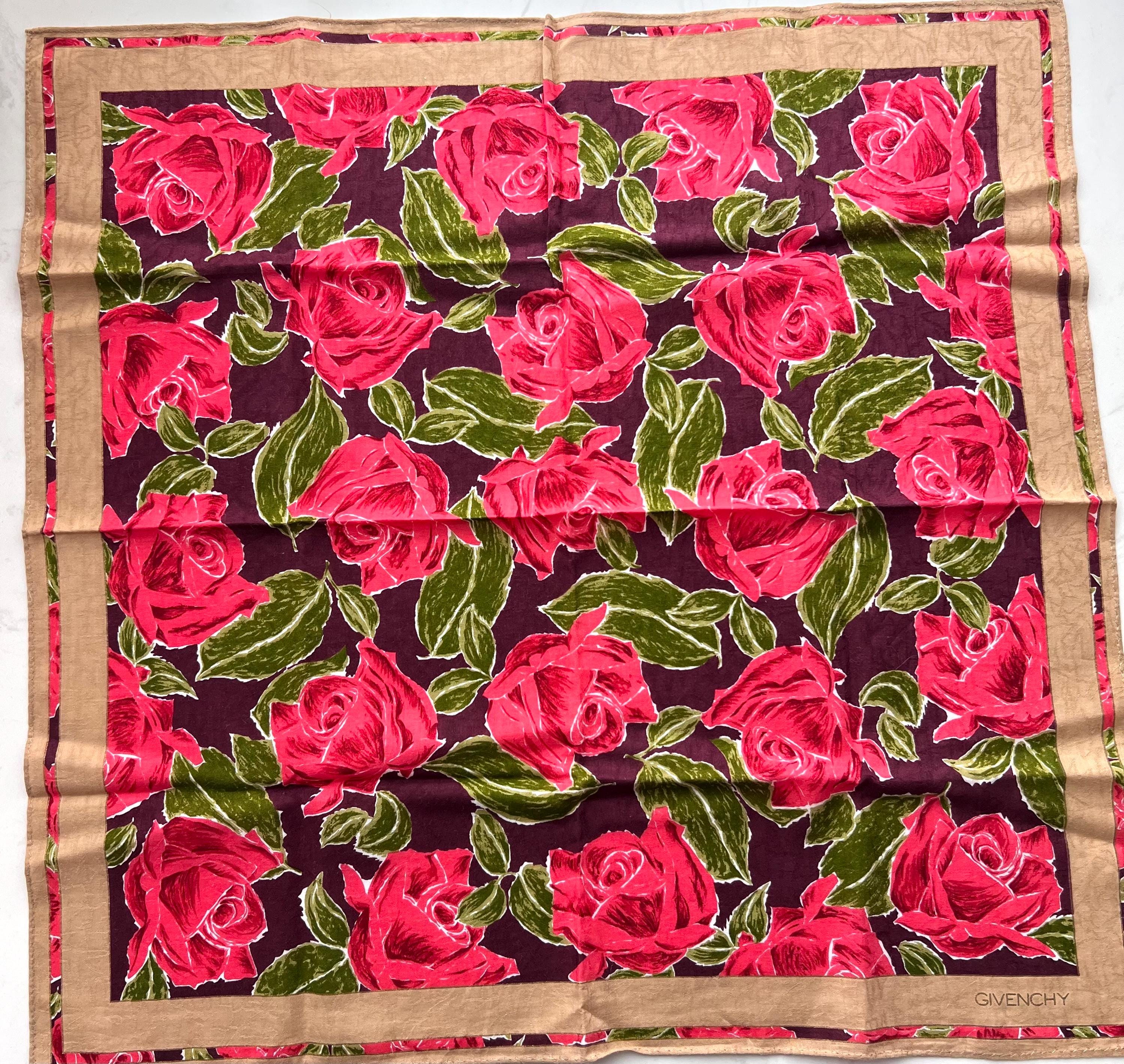 Vintage Givenchy Cotton Scarf – Rose Print – 47cmx49cm – Rare Collectible Gift