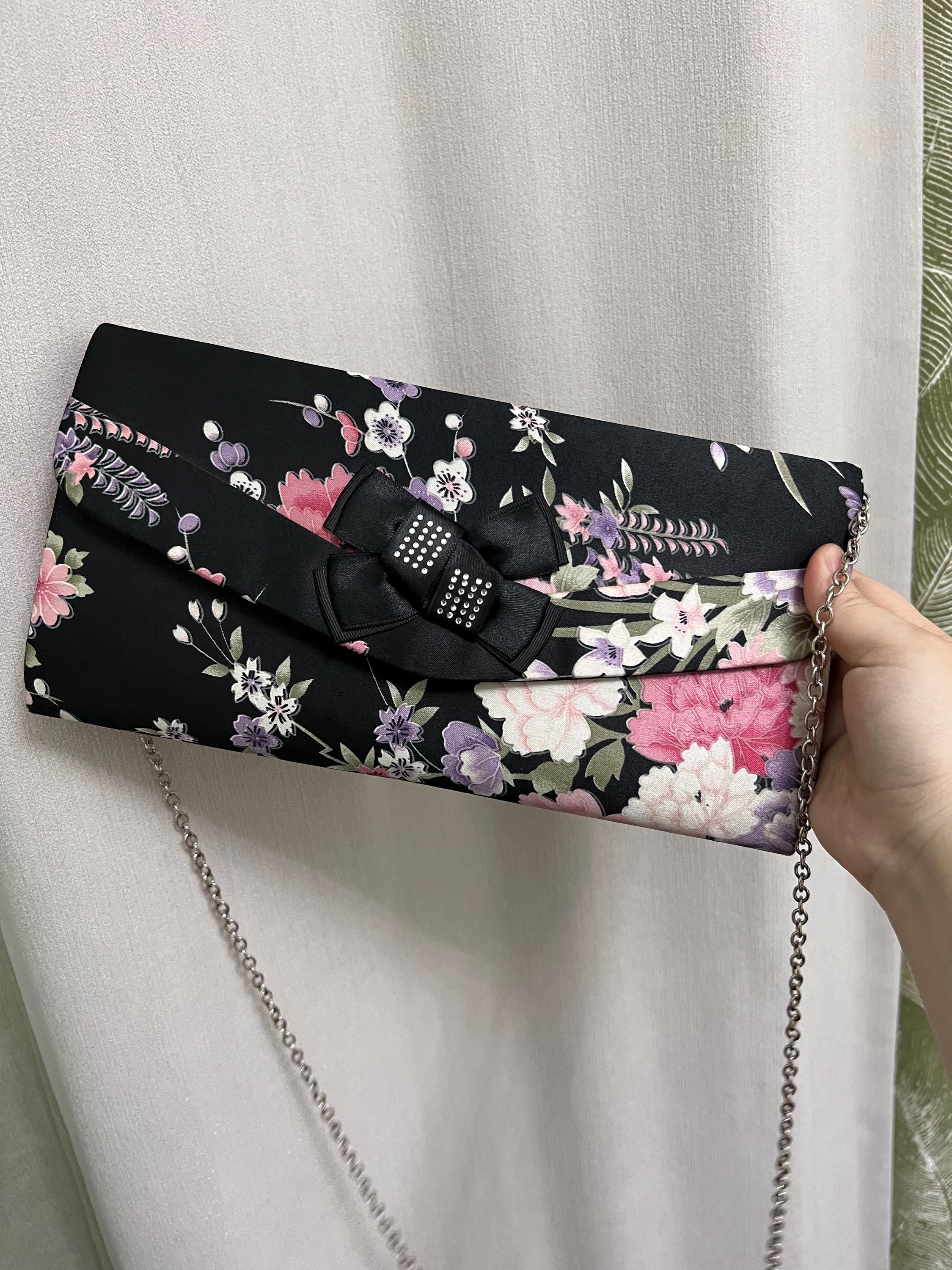 Vintage Floral Satin Clutch Bag – 3-Way Convertible – 27×16 cm with Chain Strap