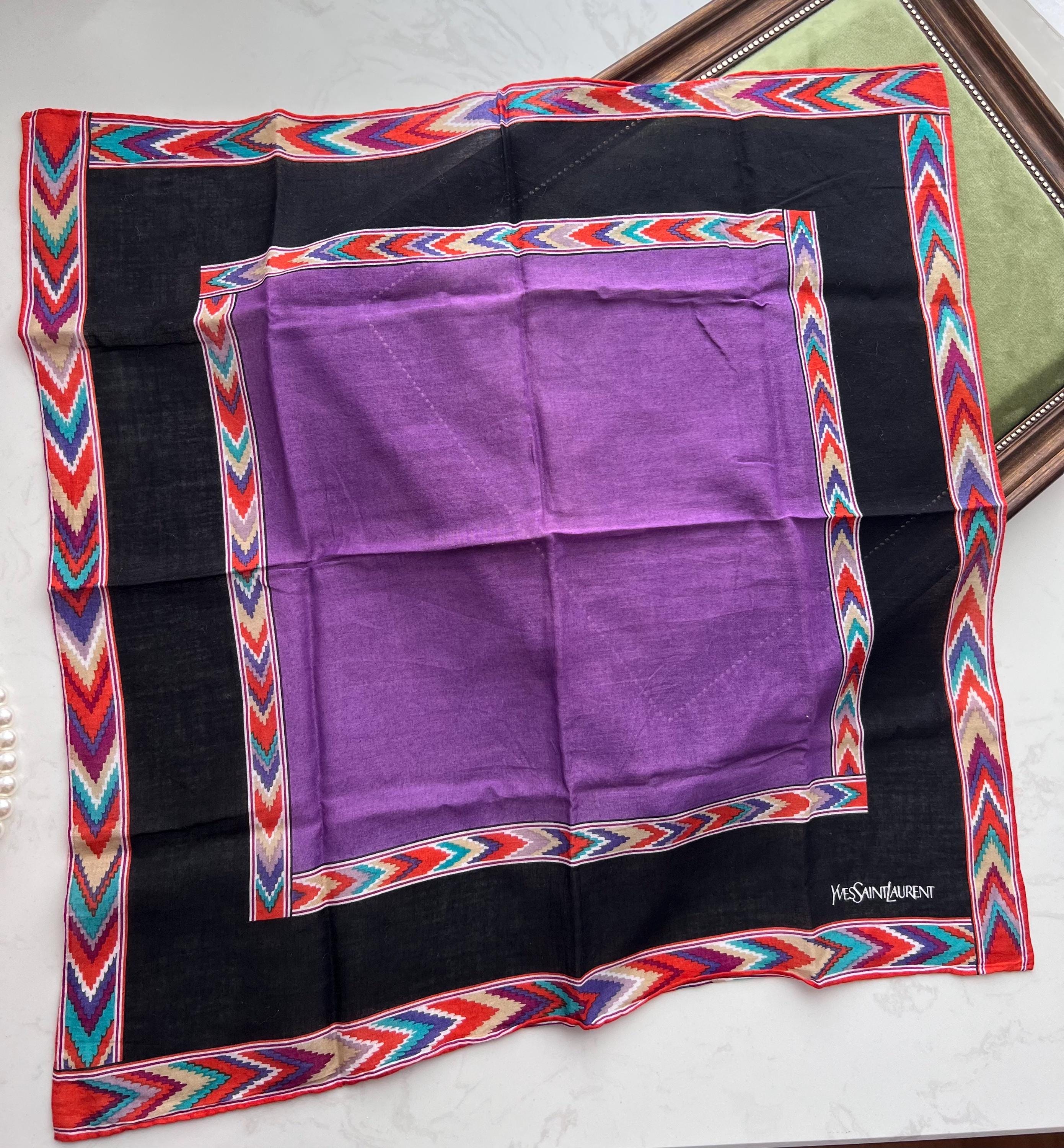 Vintage Yves Saint Laurent Scarf: Purple & Black Geometric Cotton Neckerchief