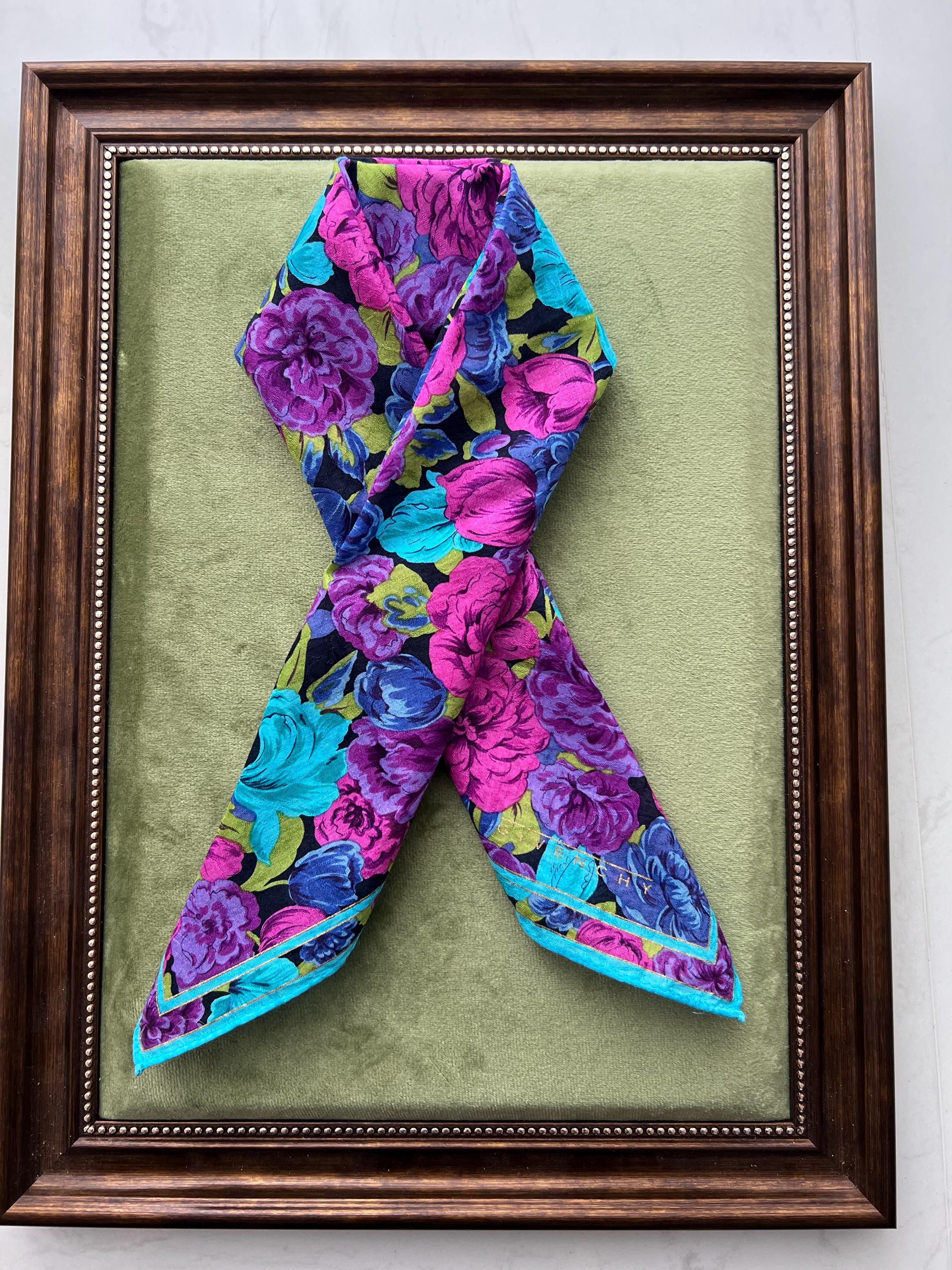 Vintage Givenchy Floral Cotton Scarf: Magenta & Blue Designer Accessory