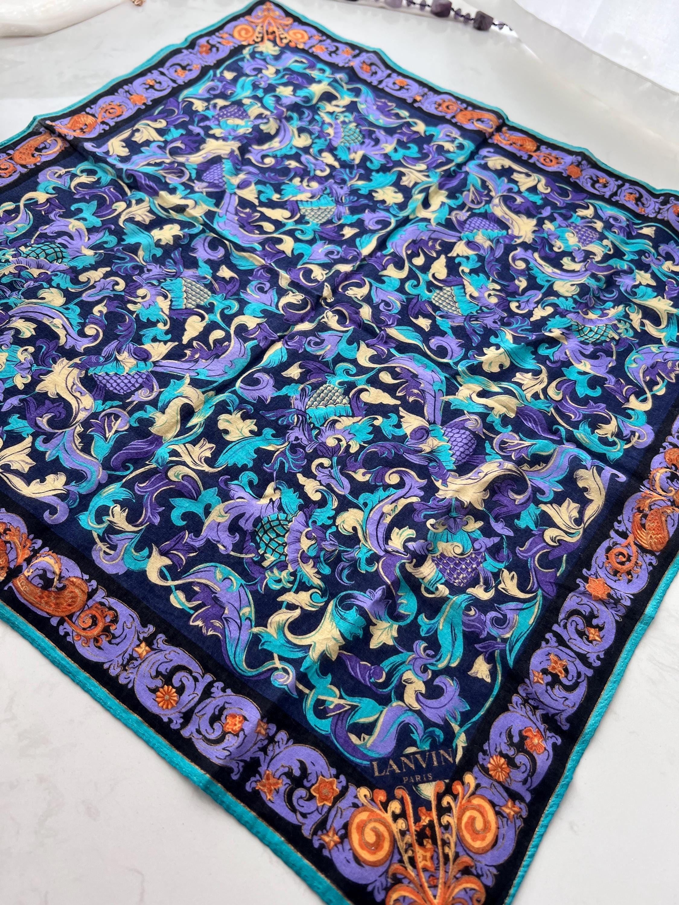 Rare Pre-Owned LANVIN Paris Cotton Scarf – Baroque Floral Design, Collectible Square 47×49cm