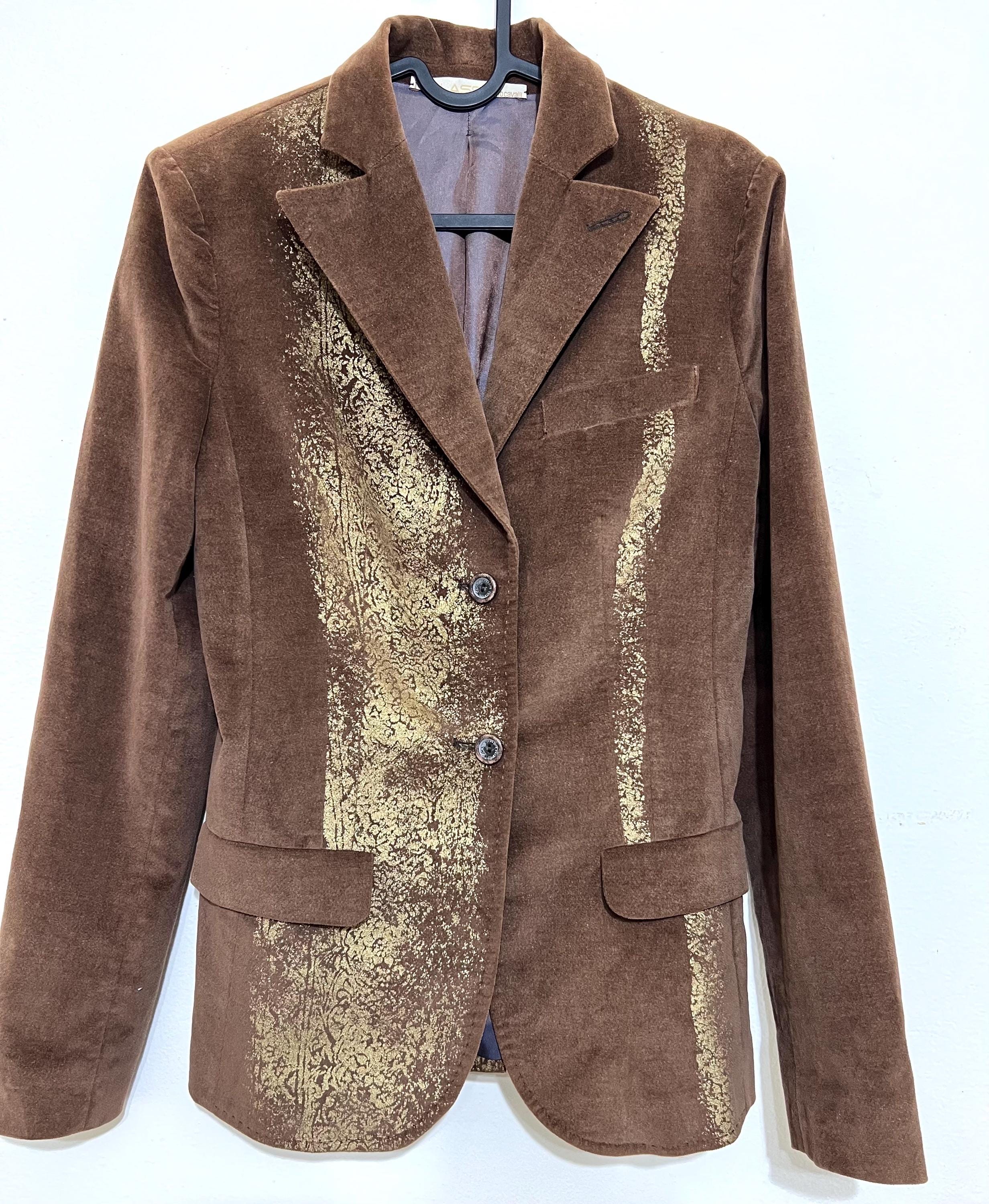 Vintage Brown Roberto Cavalli Blazer: Metallic Gold Detail, Cotton Velvet