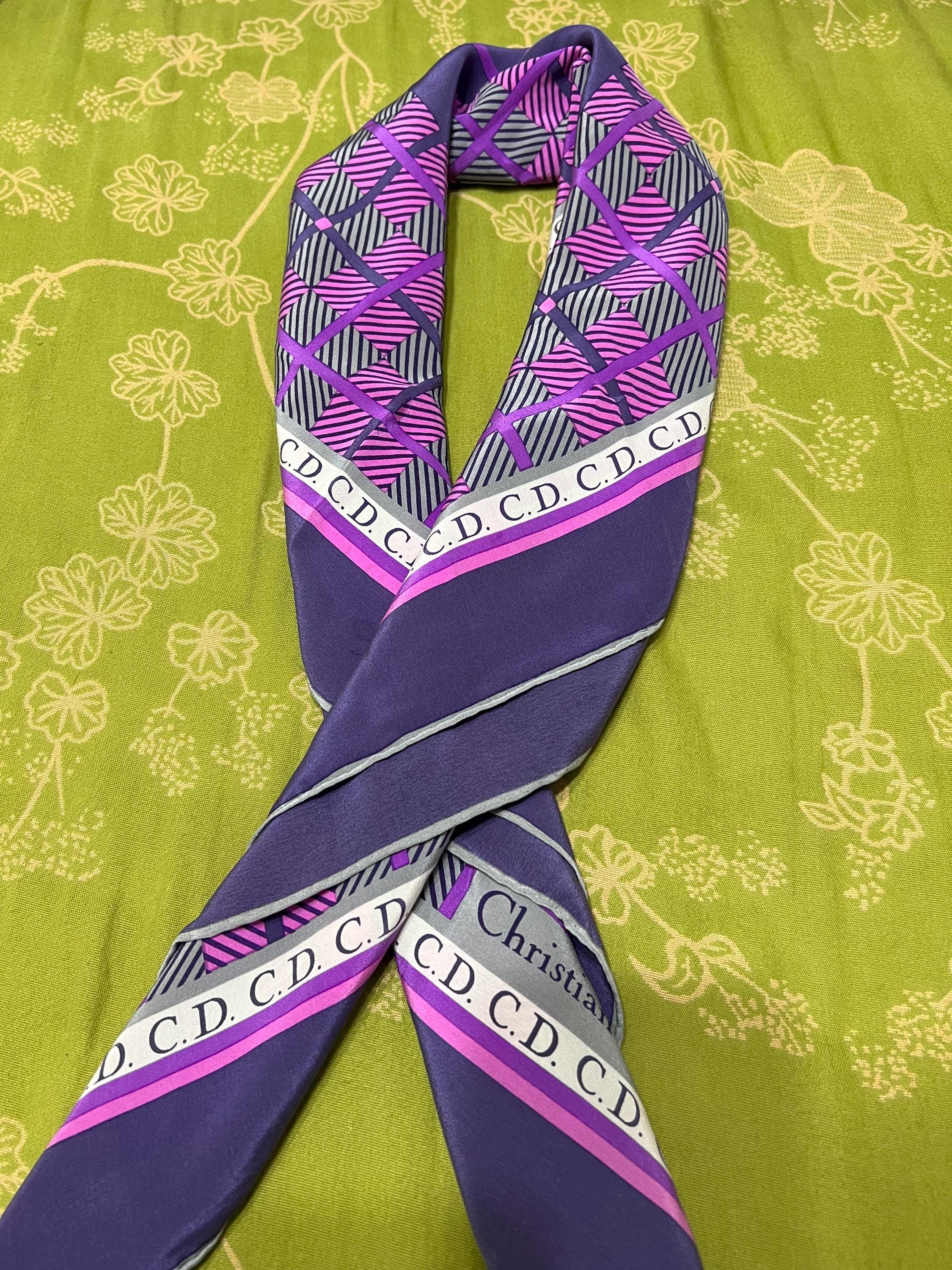 Christian Dior Vintage Square Scarf – 100% Silk, Purple Pink Geometric Wrap
