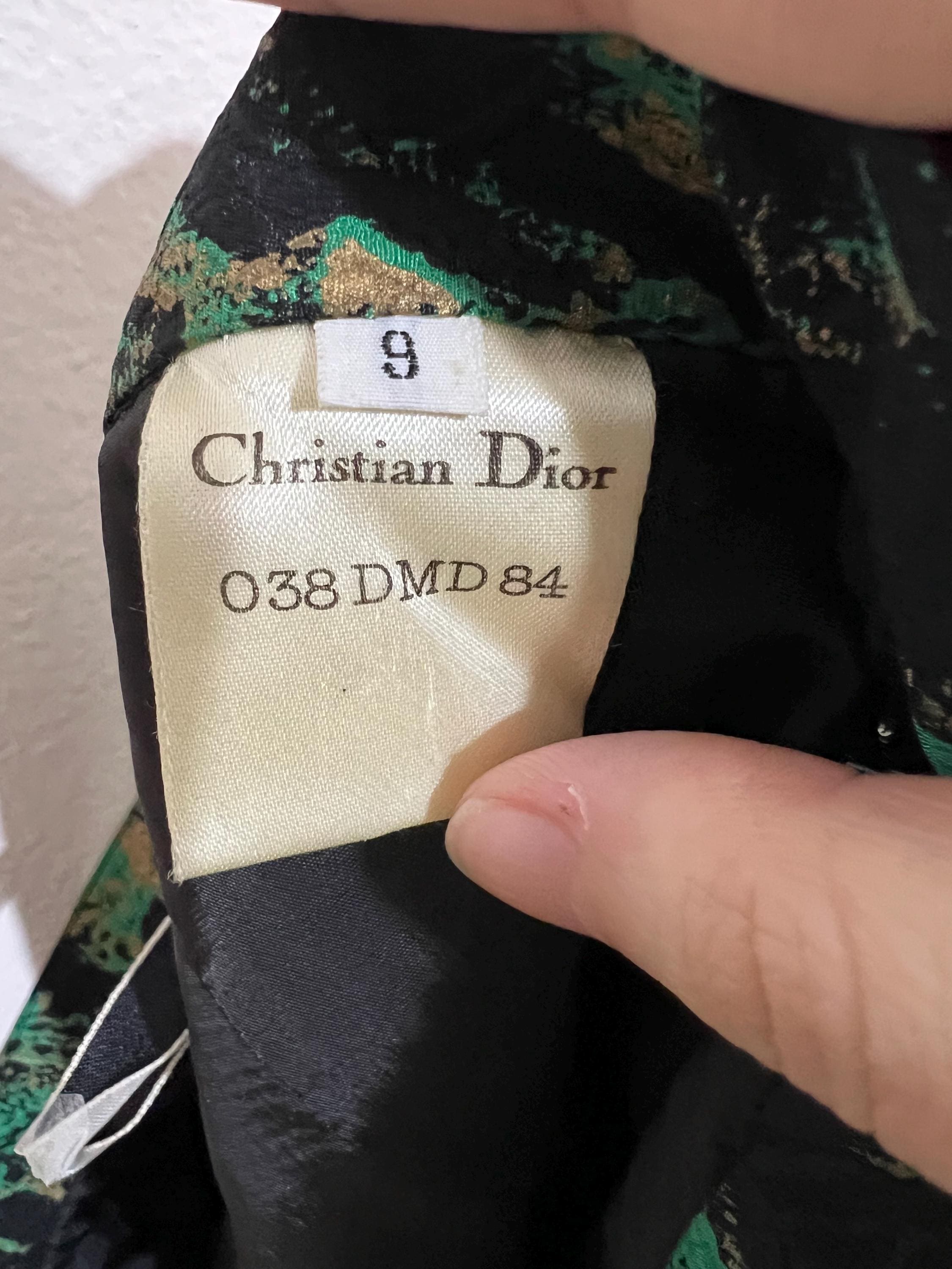 Christian Dior Vintage Silk Suit – Green Floral Jacquard Skirt Set, Gold Accents, Size 9