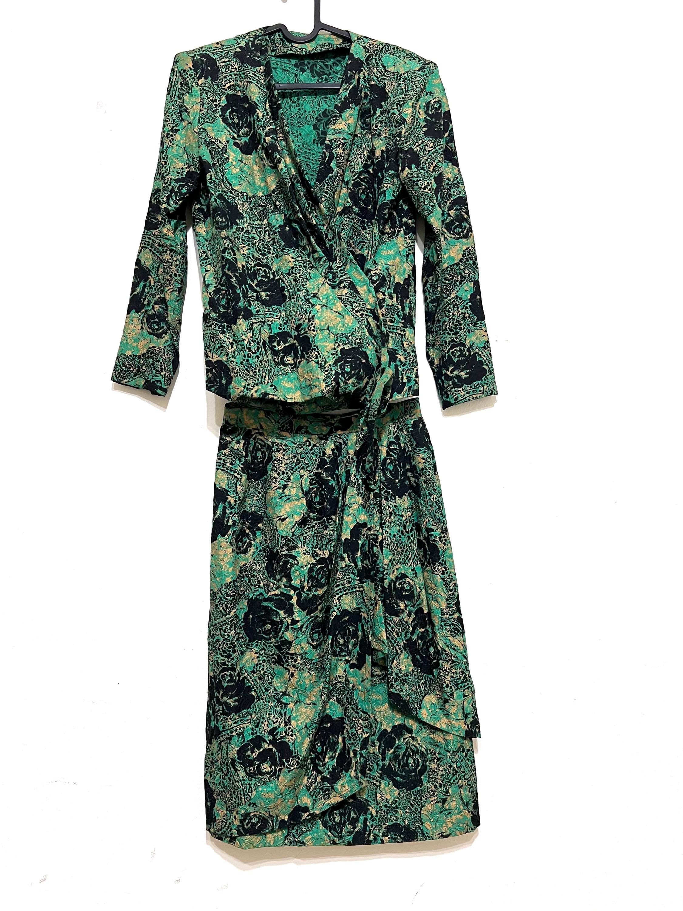 Christian Dior Vintage Silk Suit – Green Floral Jacquard Skirt Set, Gold Accents, Size 9