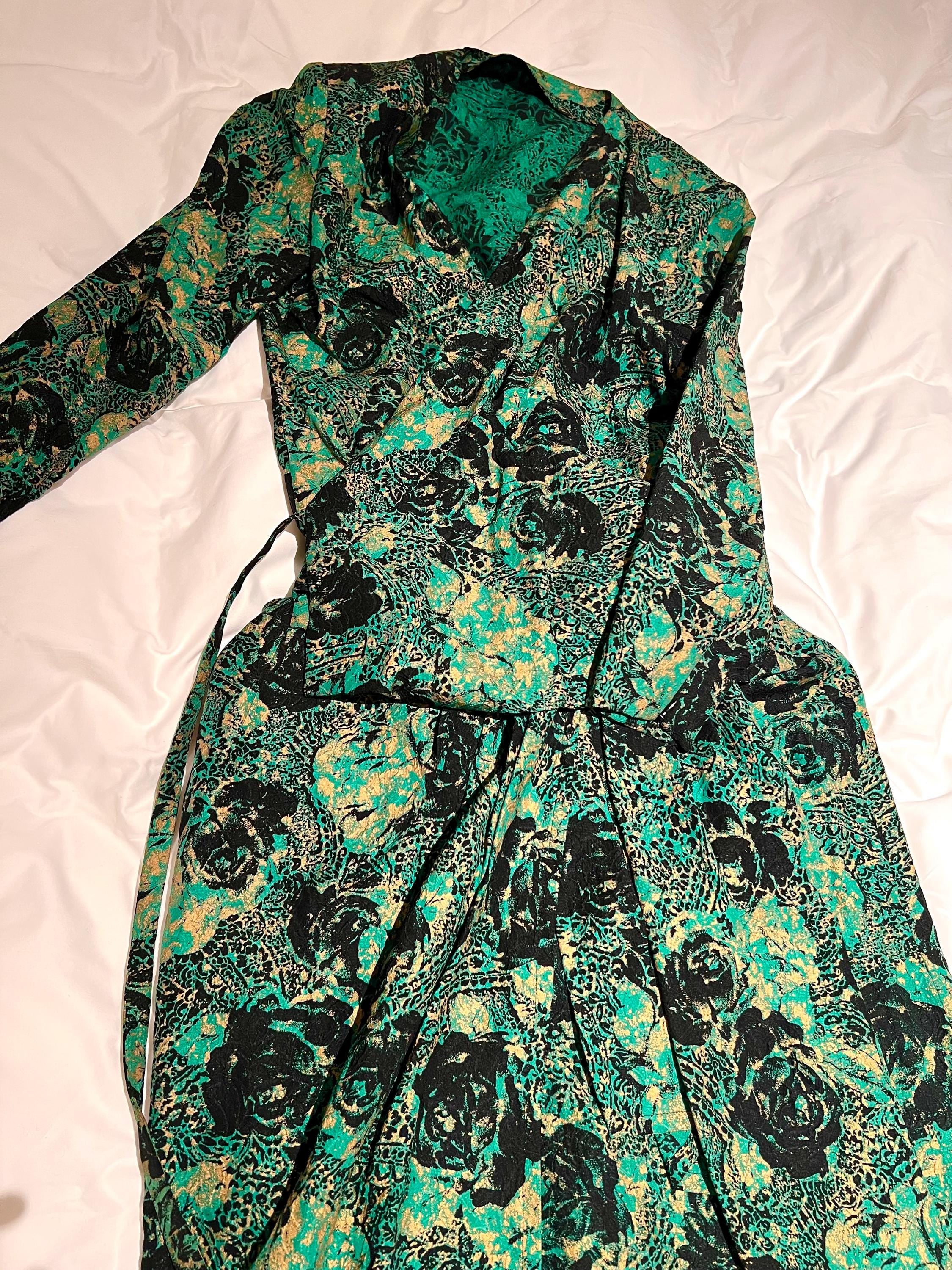 Christian Dior Vintage Silk Suit – Green Floral Jacquard Skirt Set, Gold Accents, Size 9