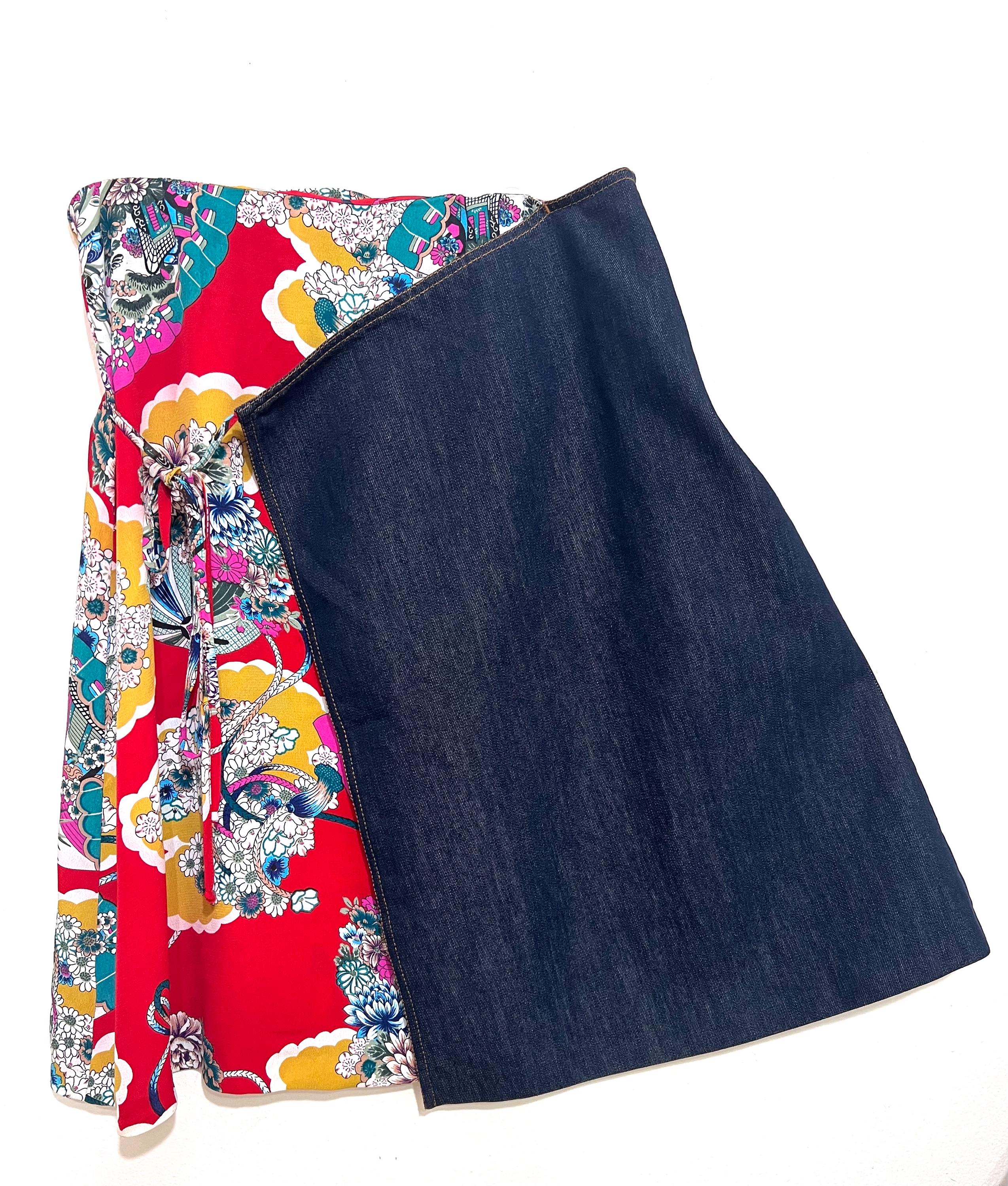Kenzo Jeans Vintage Skirt – Y2K Floral Print Wrap, Designer Denim Size 40
