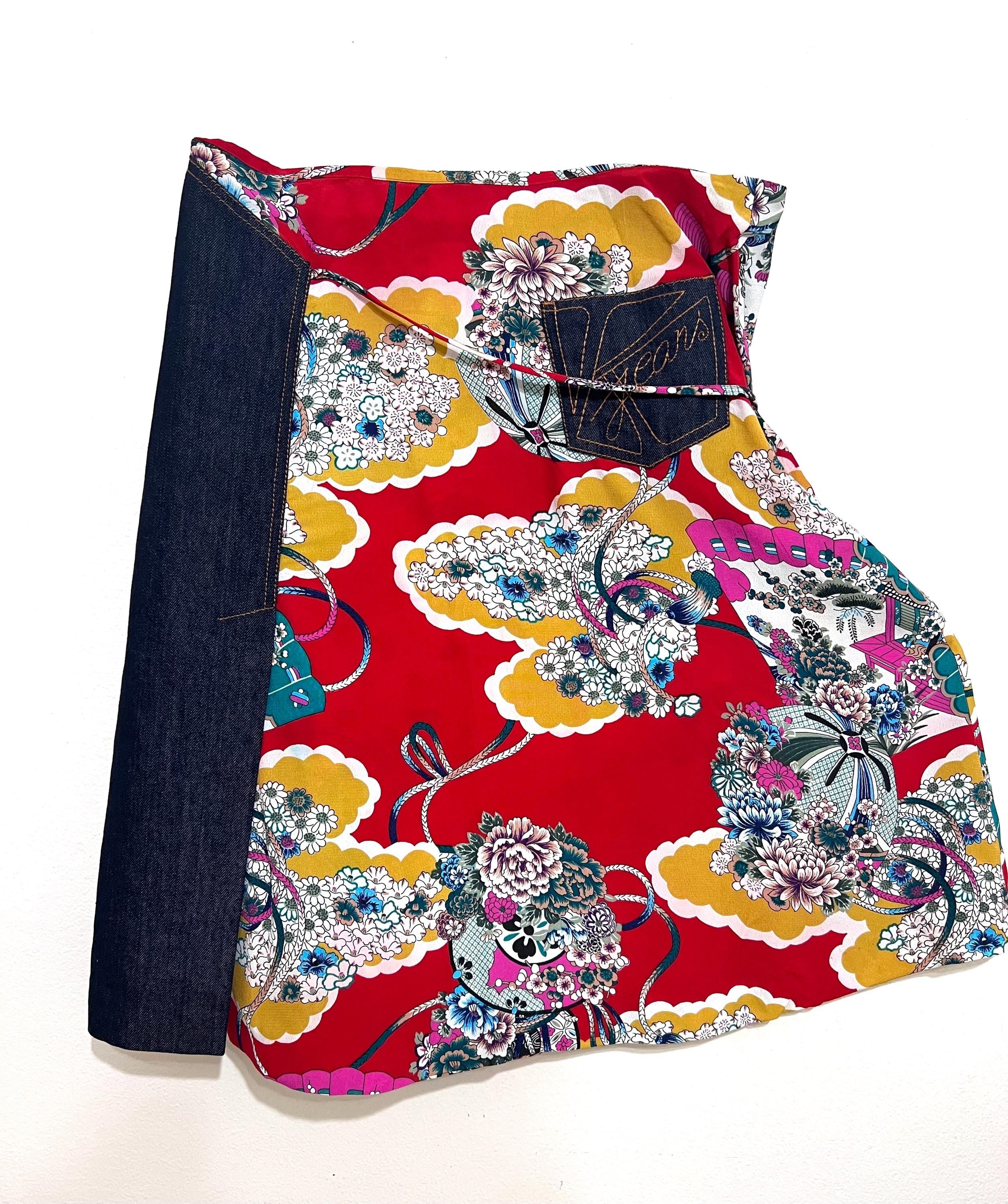 Kenzo Jeans Vintage Skirt – Y2K Floral Print Wrap, Designer Denim Size 40