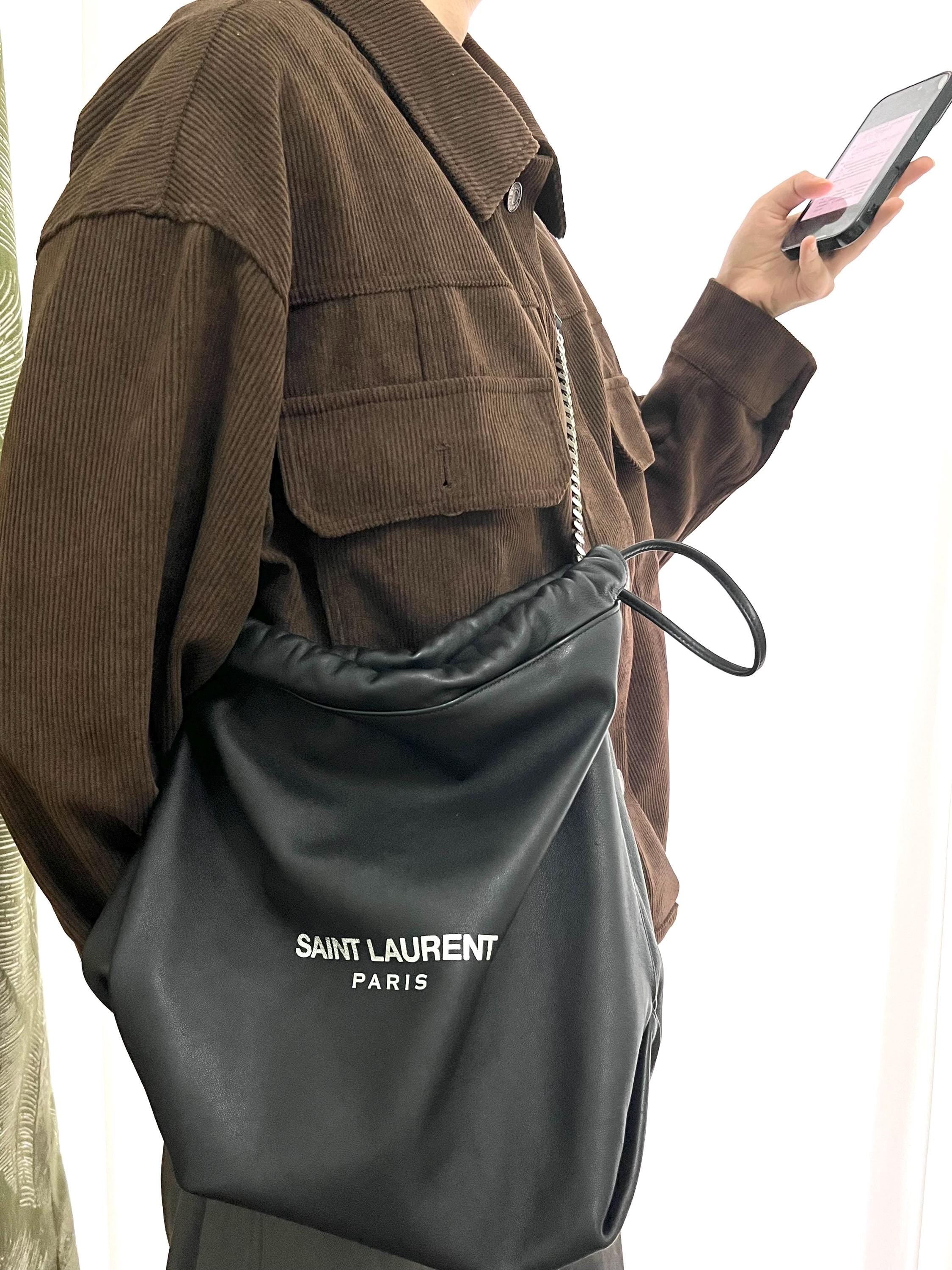Authentic YSL Teddy Pochon Black Leather Drawstring Shoulder Bag