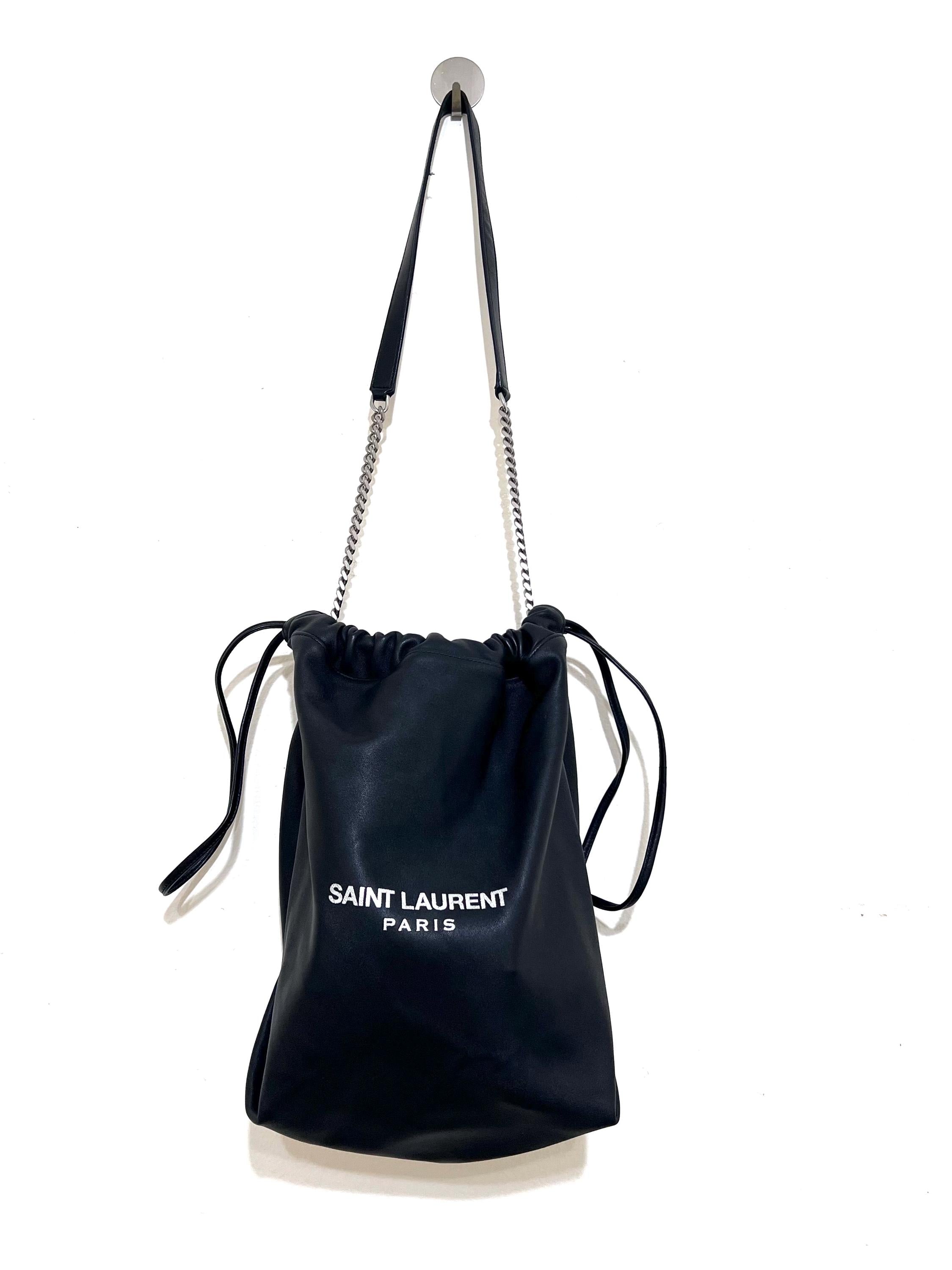 Authentic YSL Teddy Pochon Black Leather Drawstring Shoulder Bag