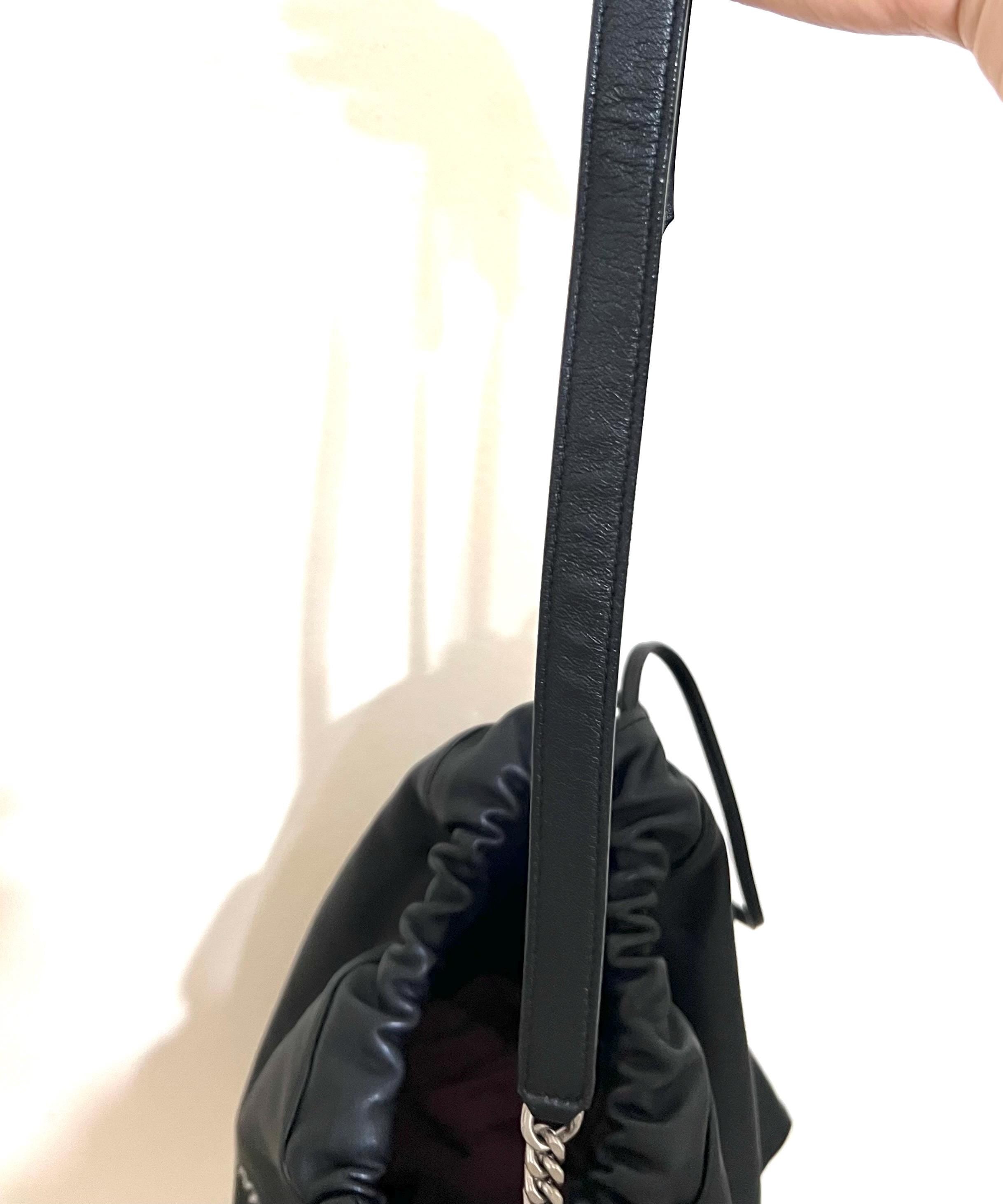 Authentic YSL Teddy Pochon Black Leather Drawstring Shoulder Bag