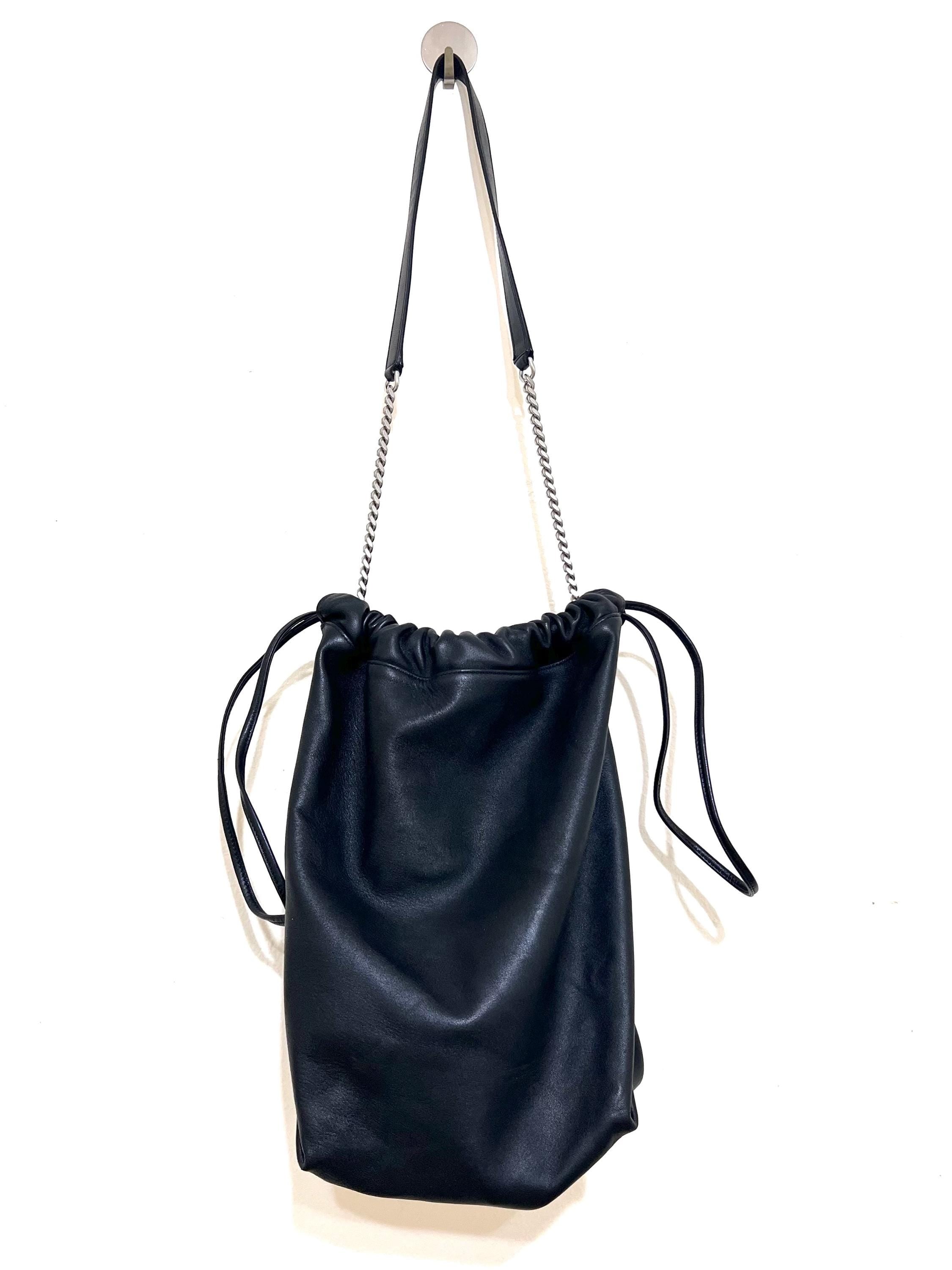 Authentic YSL Teddy Pochon Black Leather Drawstring Shoulder Bag
