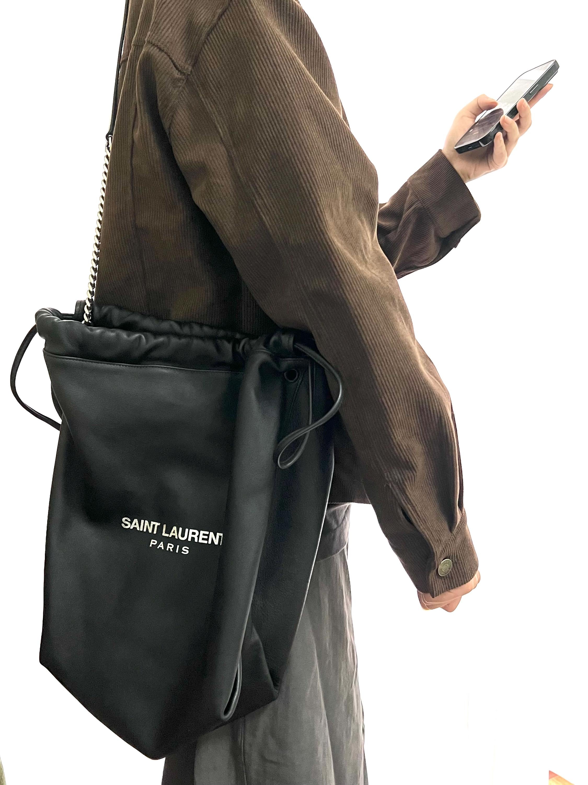 Authentic YSL Teddy Pochon Black Leather Drawstring Shoulder Bag