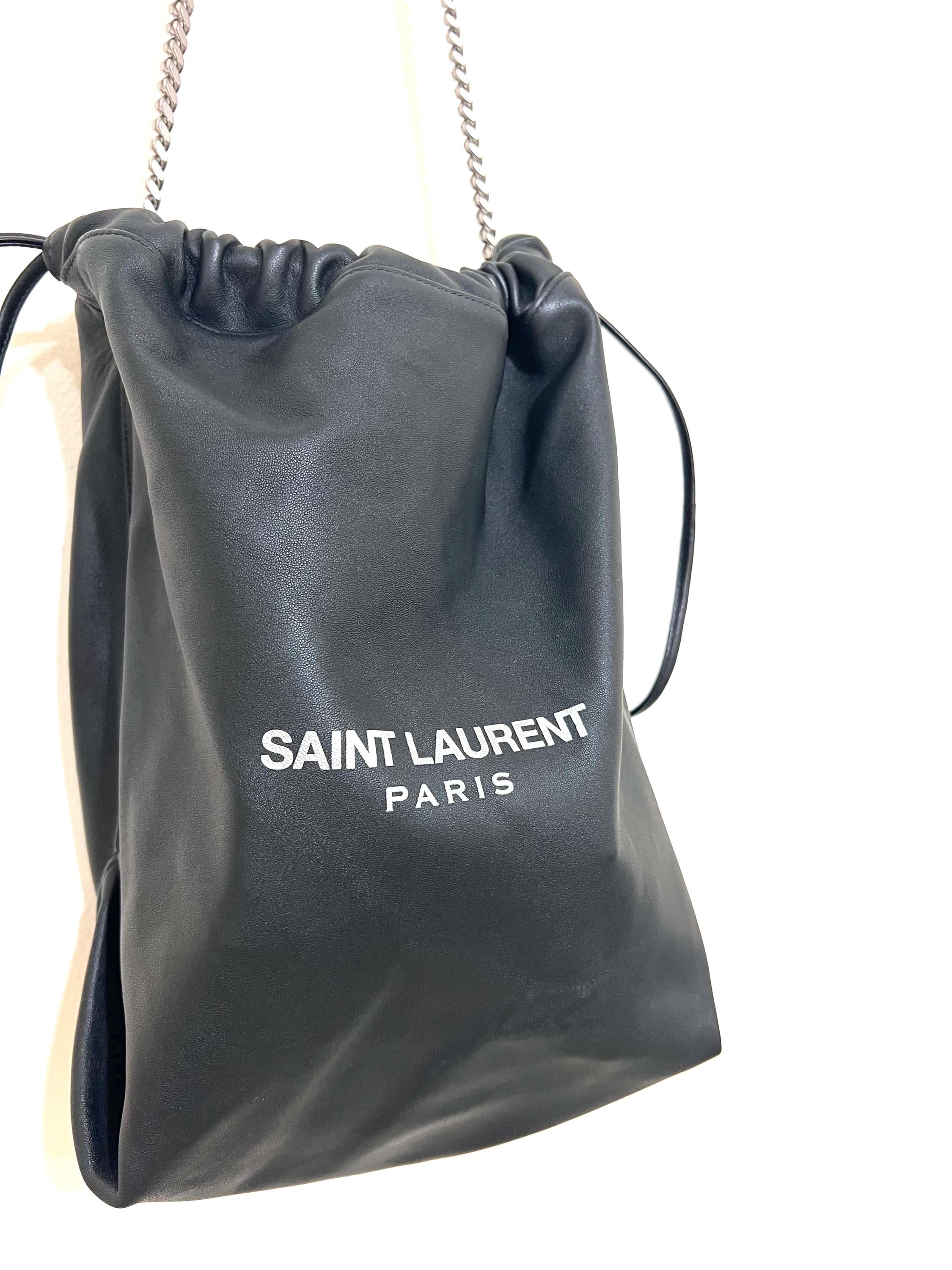 Authentic YSL Teddy Pochon Black Leather Drawstring Shoulder Bag
