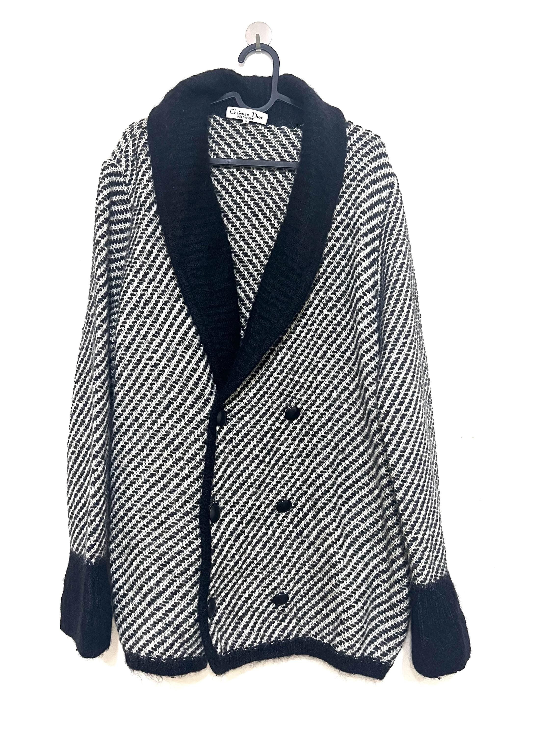 Vintage Christian Dior Wool Cardigan Black White Knit, Rare 75% Wool Designer Sweater