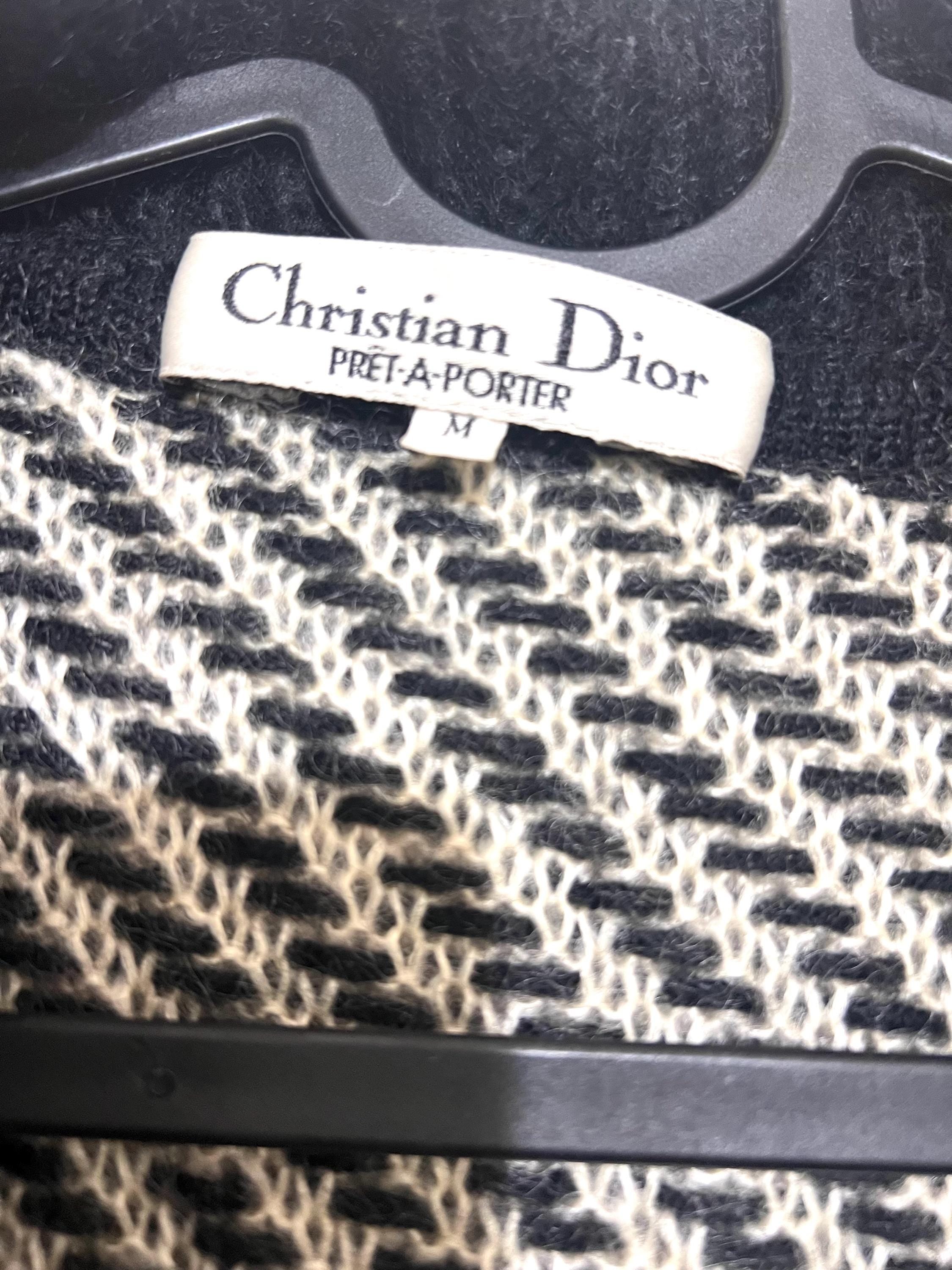 Vintage Christian Dior Wool Cardigan Black White Knit, Rare 75% Wool Designer Sweater