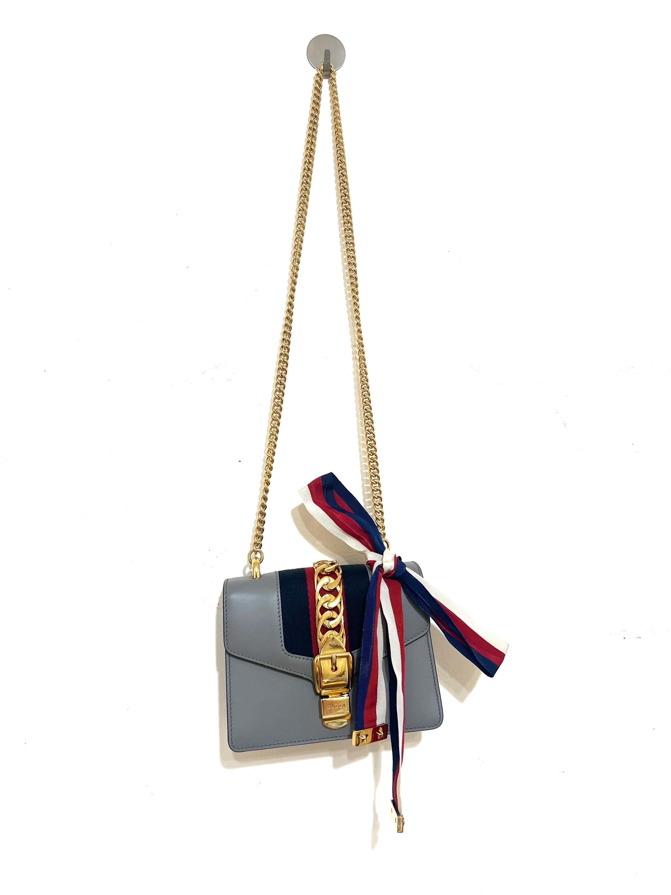 Authentic Gucci Sylvie Mini Bag - Grey Leather Chain Crossbody