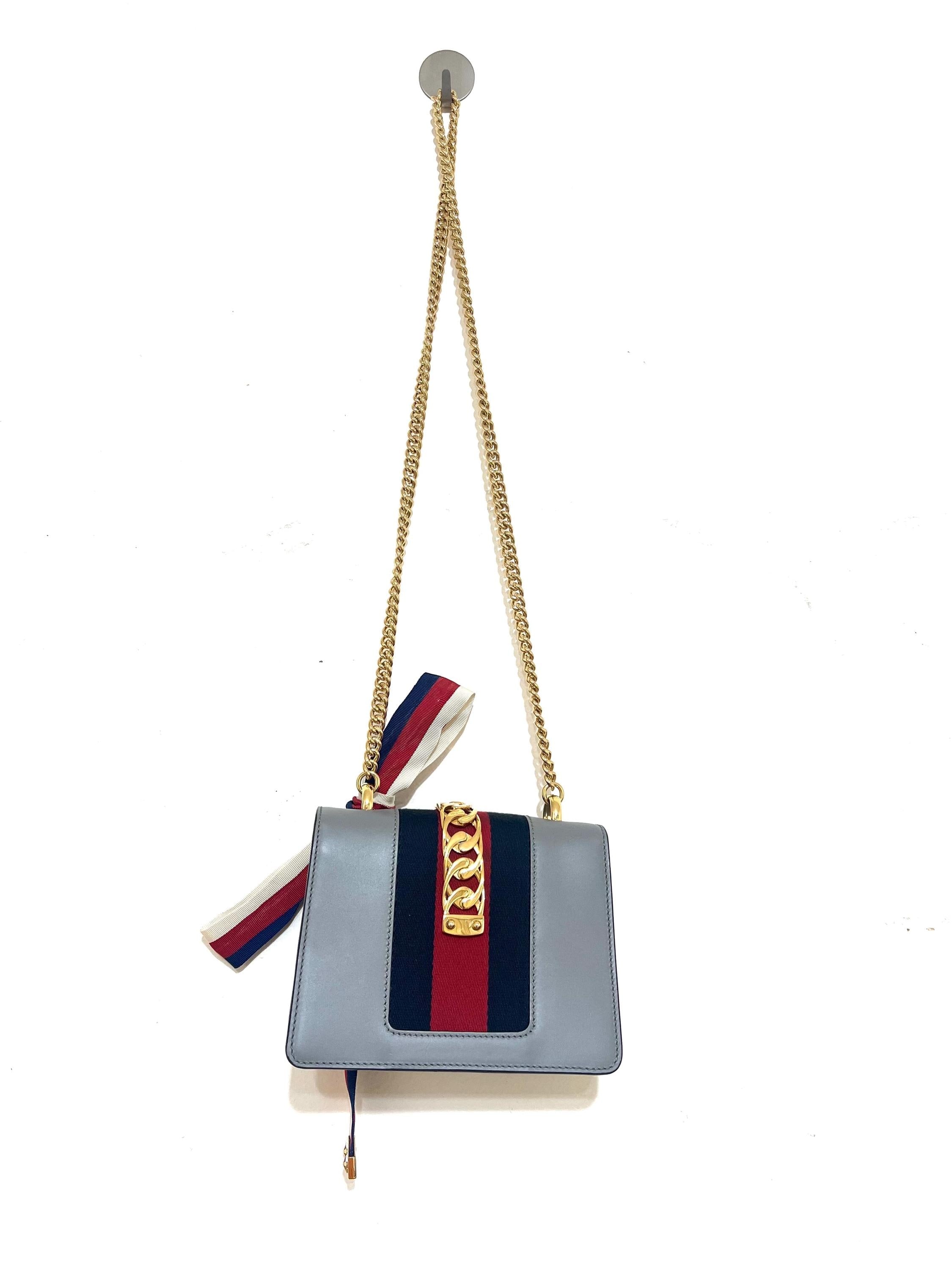 Authentic Gucci Sylvie Mini Bag - Grey Leather Chain Crossbody