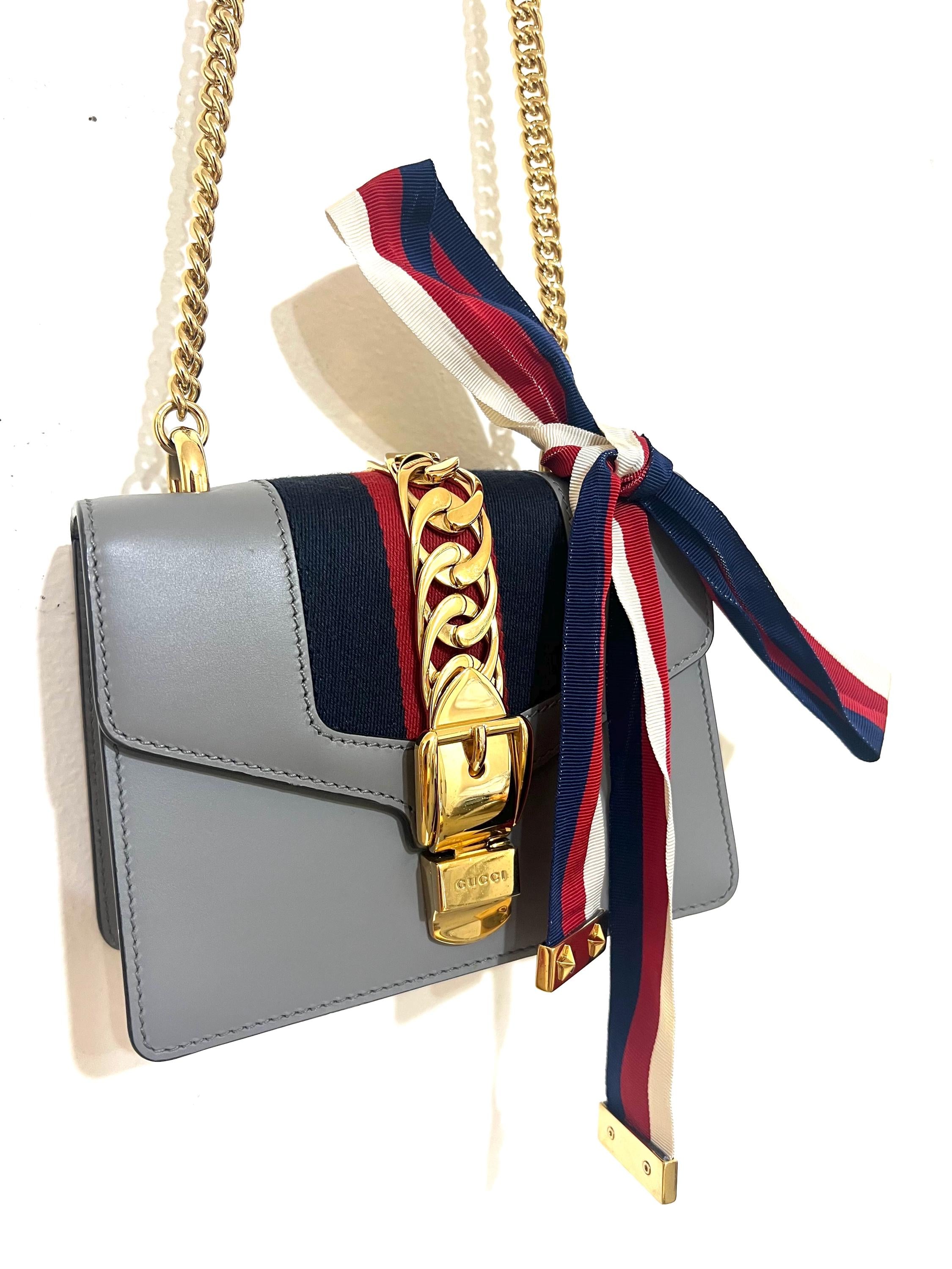 Authentic Gucci Sylvie Mini Bag - Grey Leather Chain Crossbody