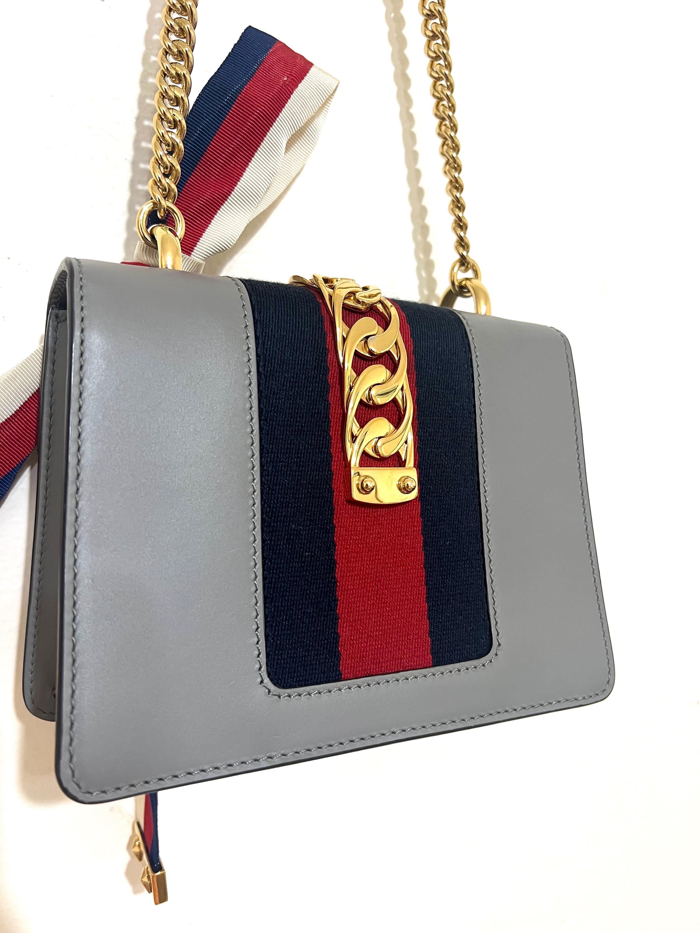 Authentic Gucci Sylvie Mini Bag - Grey Leather Chain Crossbody