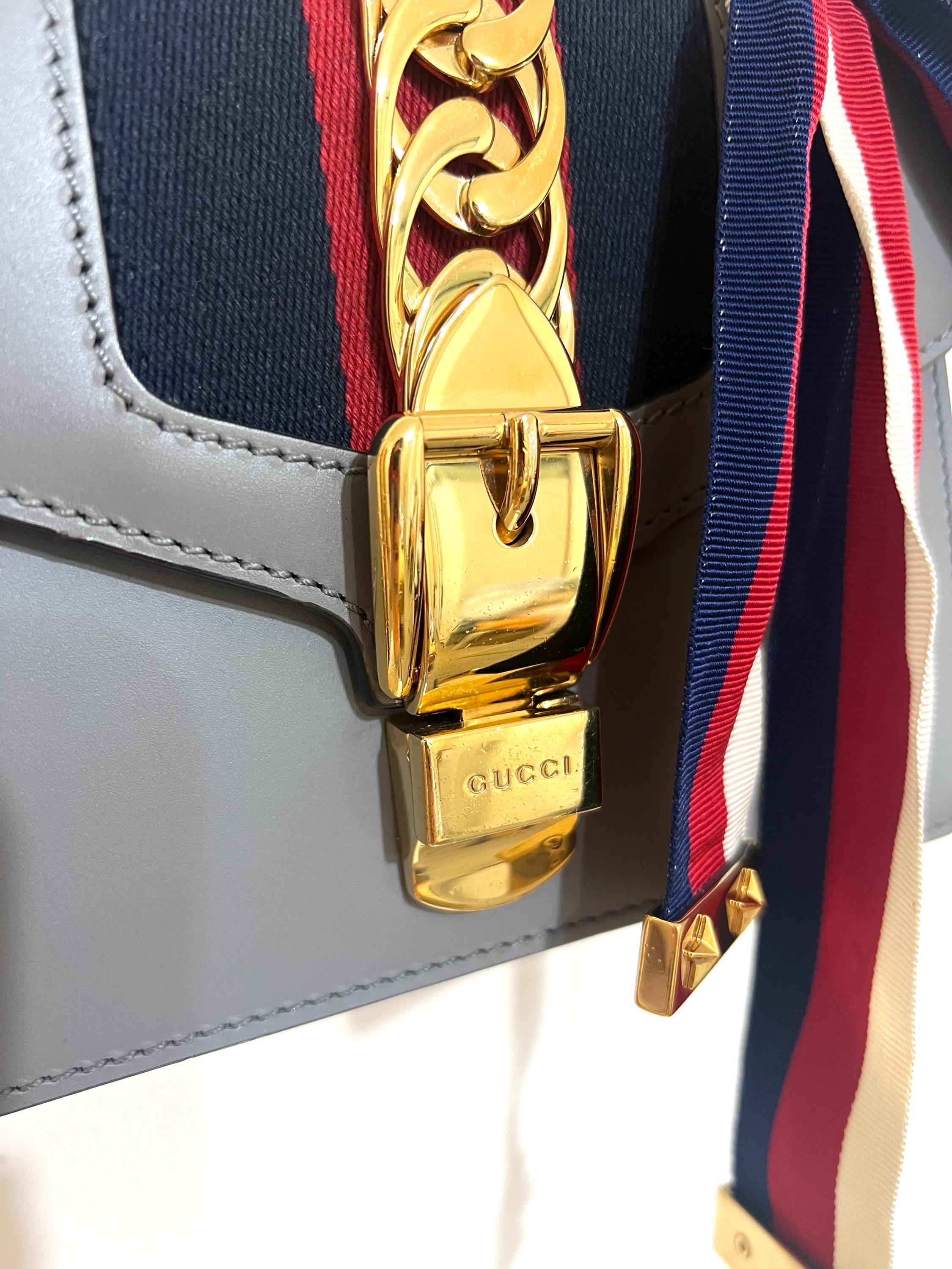 Authentic Gucci Sylvie Mini Bag - Grey Leather Chain Crossbody