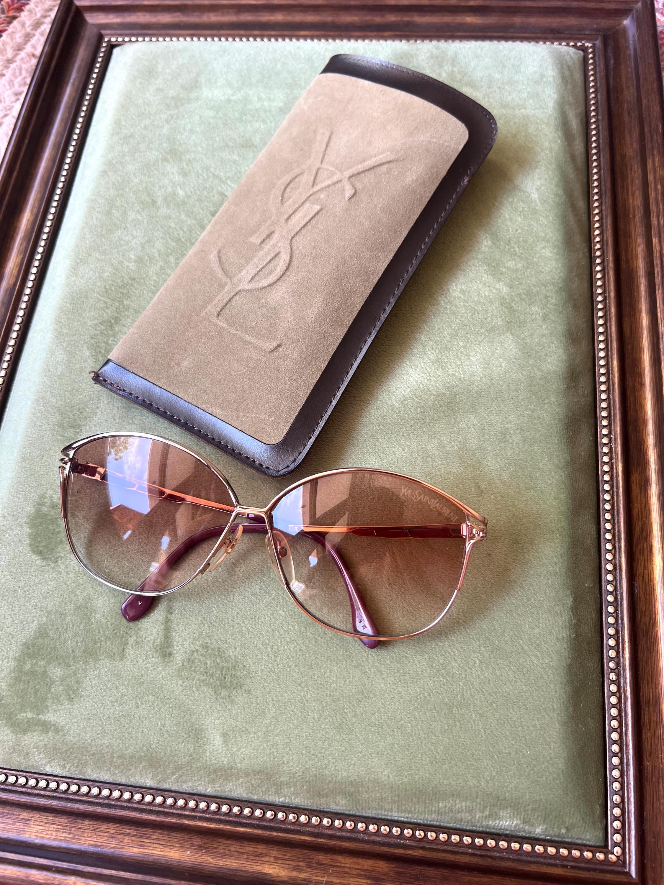 Vintage YSL 31-4607 Sunglasses | 90s Oversized Gold & Burgundy | W/ Original Suede Case