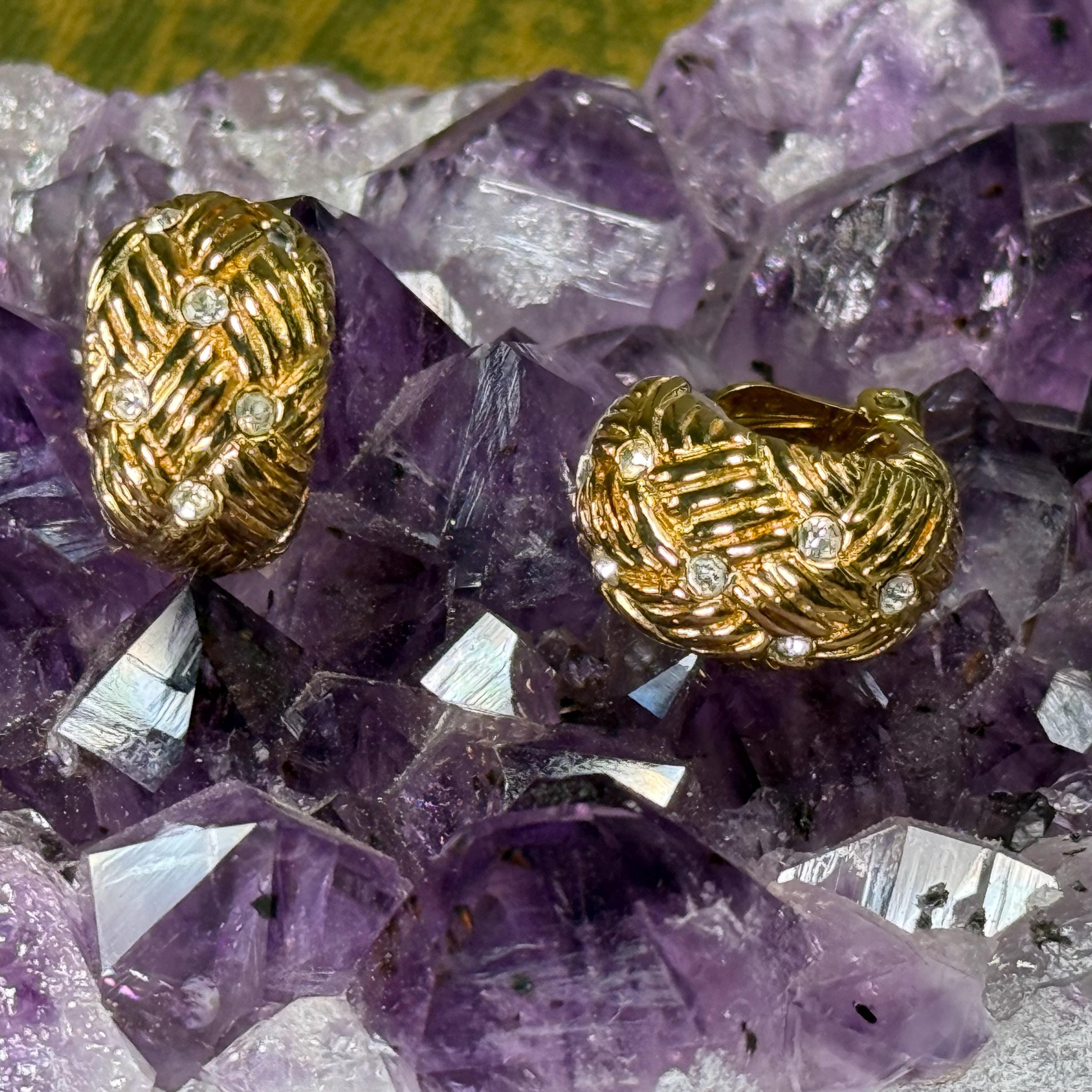 FOXEY Japan Vintage Gold Woven Clip-on Earrings with Crystals, Elegant Woven Texture Jewelry