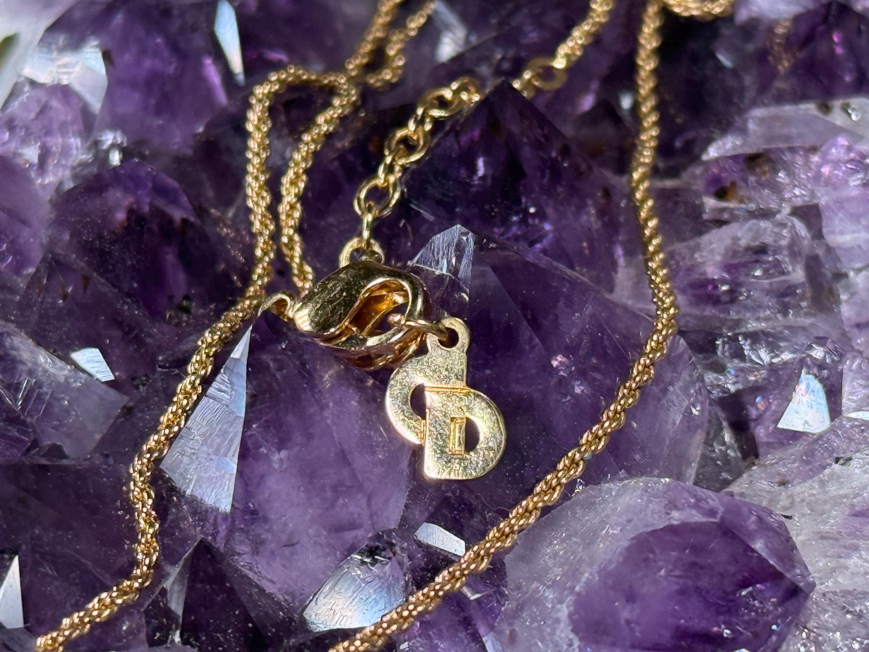 Vintage Christian Dior Gold Tone Crystal Pendant Necklace, Gold Plated