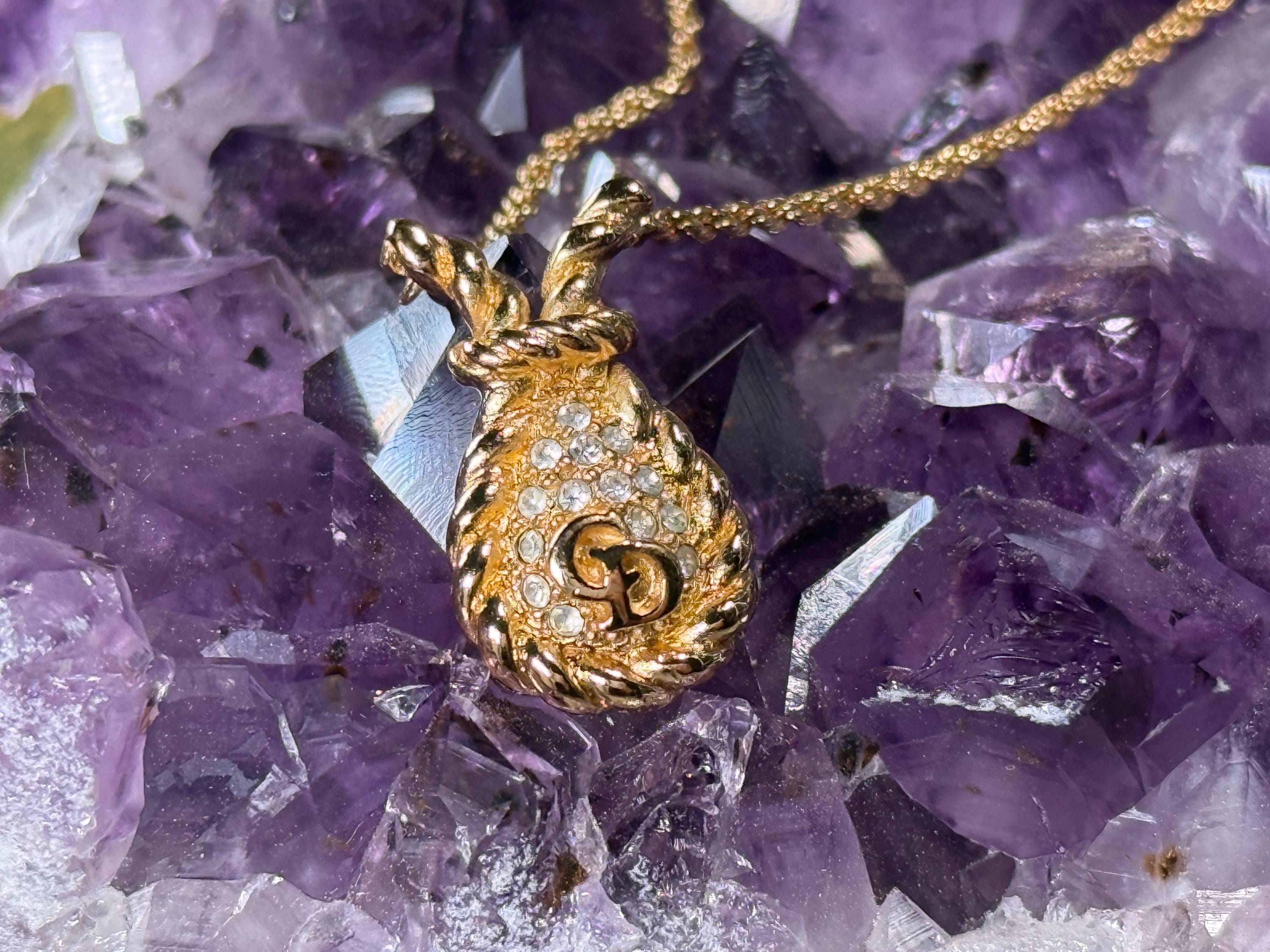 Vintage Christian Dior Gold Tone Crystal Pendant Necklace, Gold Plated