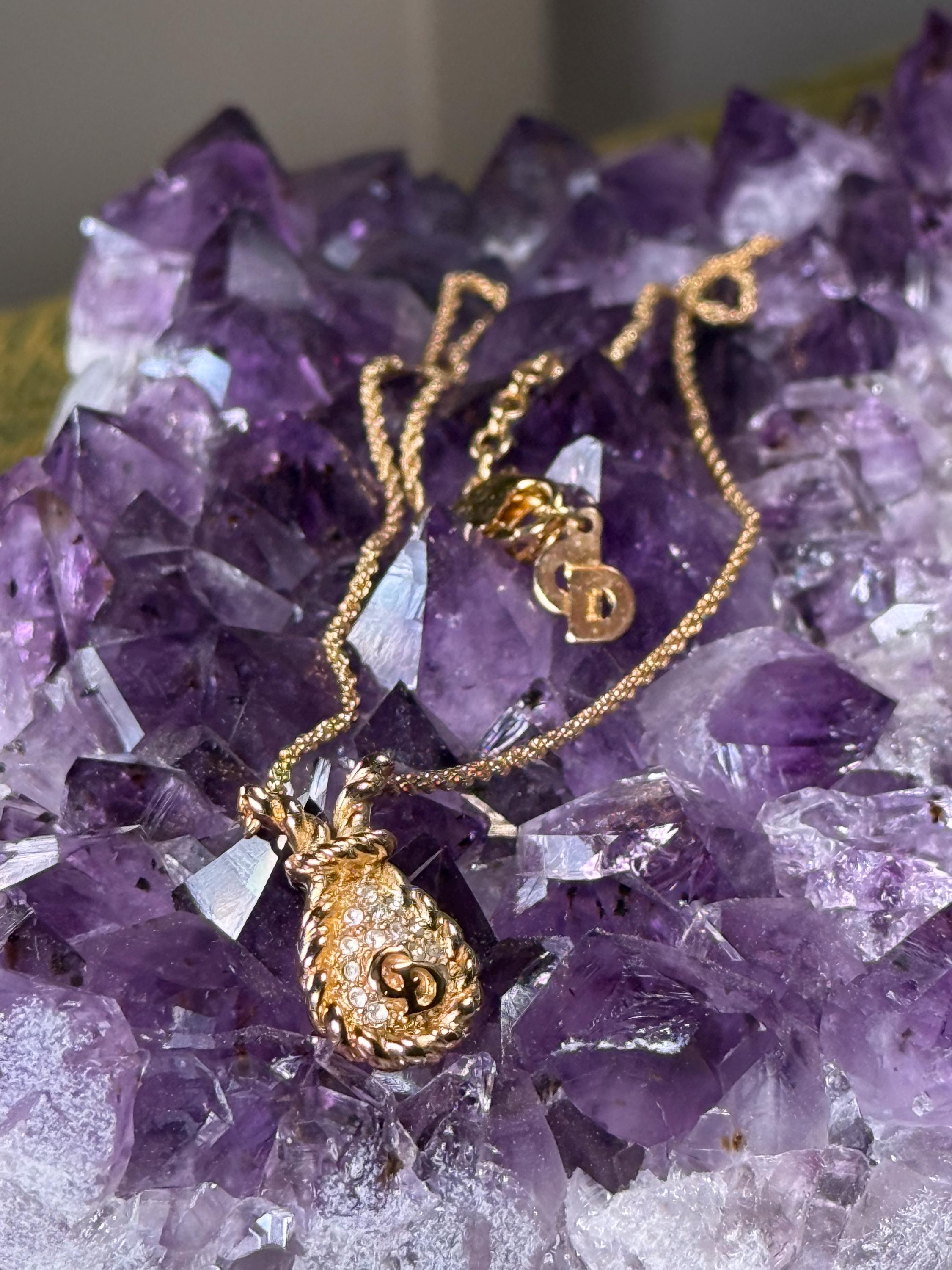 Vintage Christian Dior Gold Tone Crystal Pendant Necklace, Gold Plated
