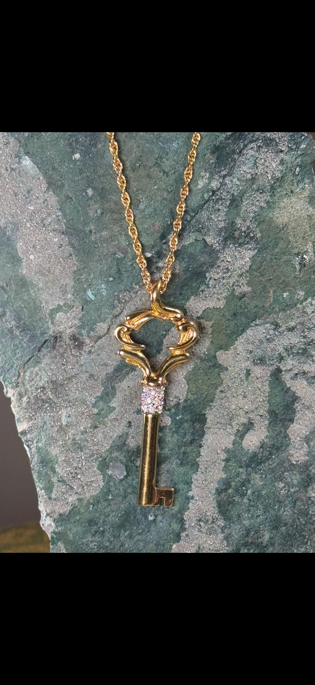 Vintage Nina Ricci Gold Key Pendant Necklace – Long Chain with Crystals