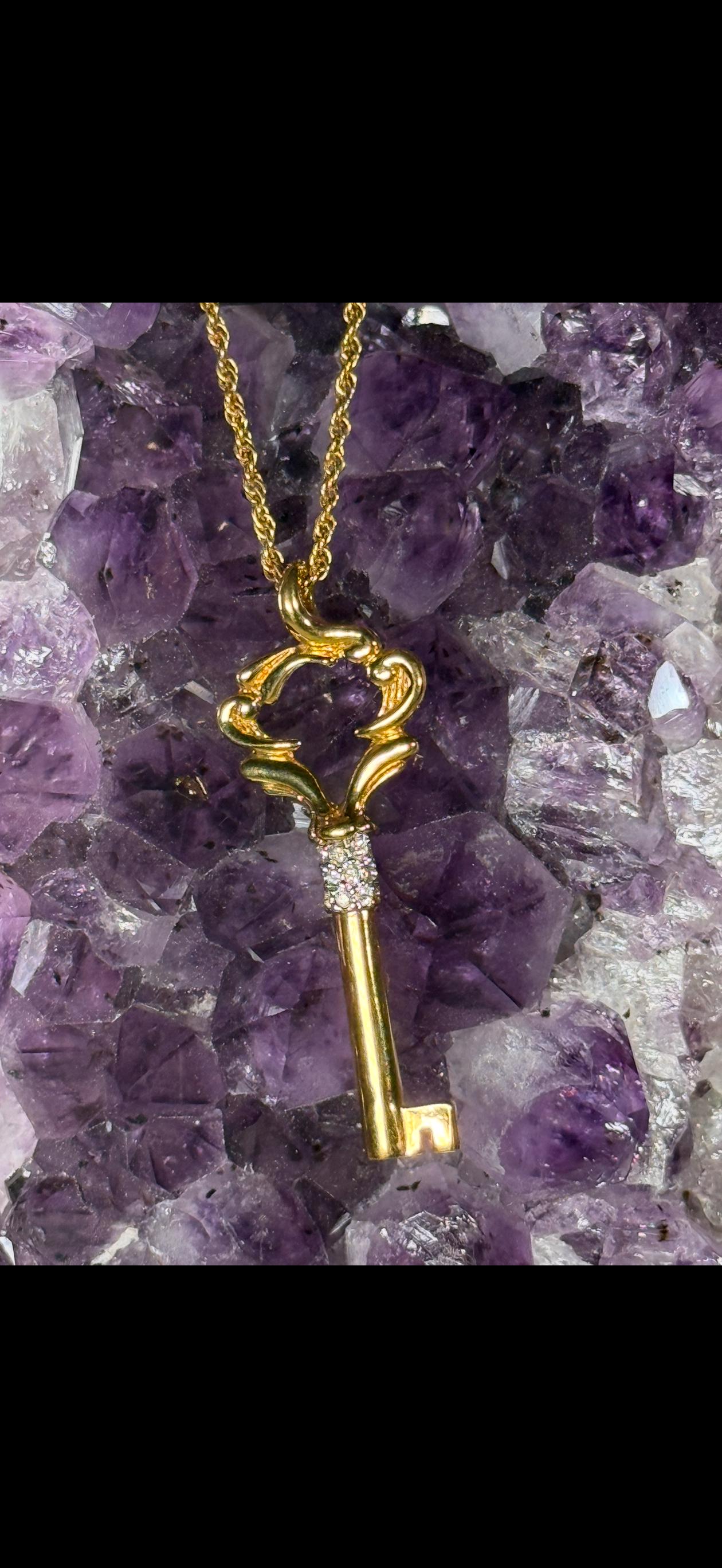 Vintage Nina Ricci Gold Key Pendant Necklace – Long Chain with Crystals