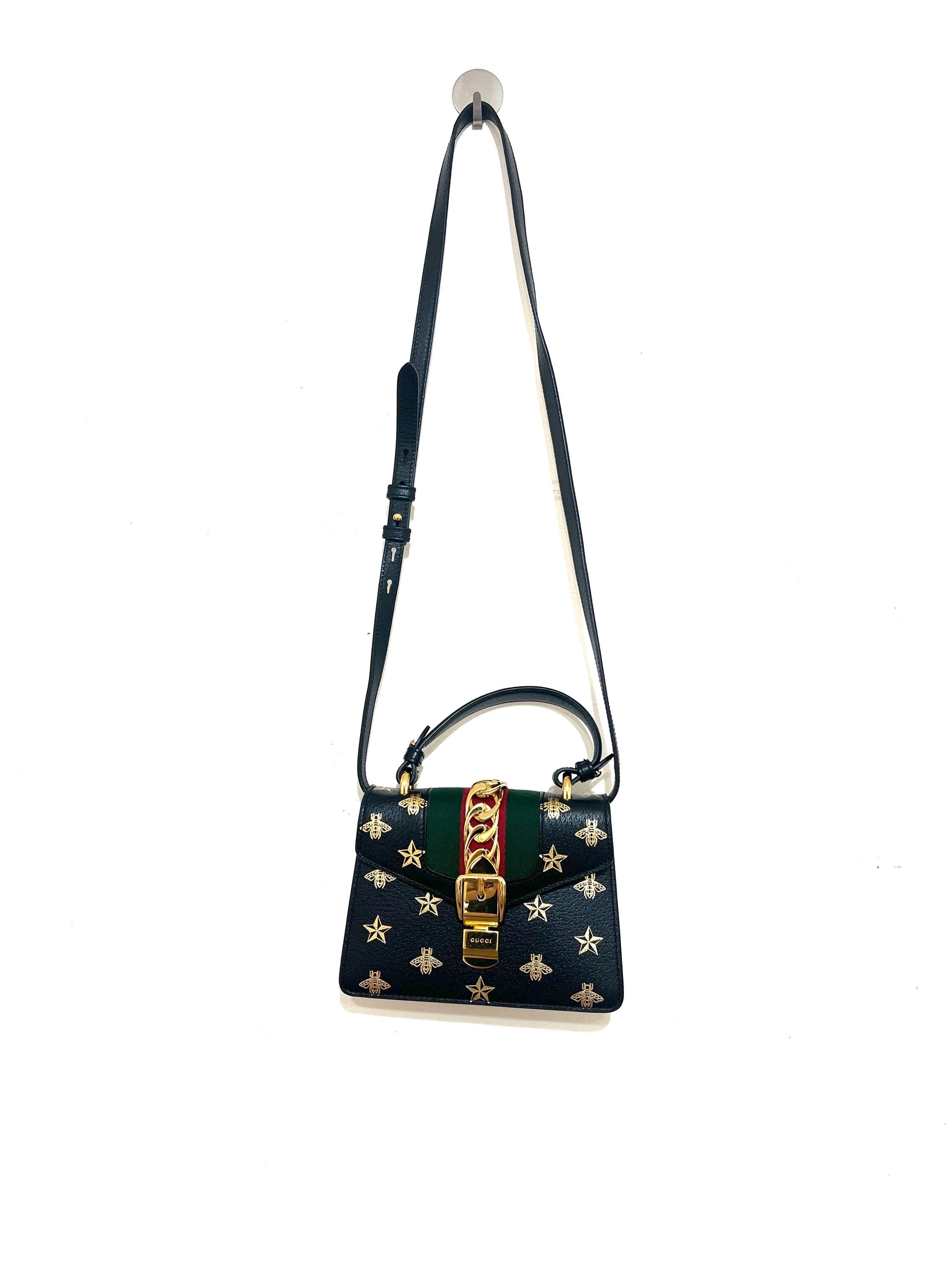 Authentic Gucci Sylvie Bee Star Leather Shoulder Bag - Black with Gold Bee & Star Print
