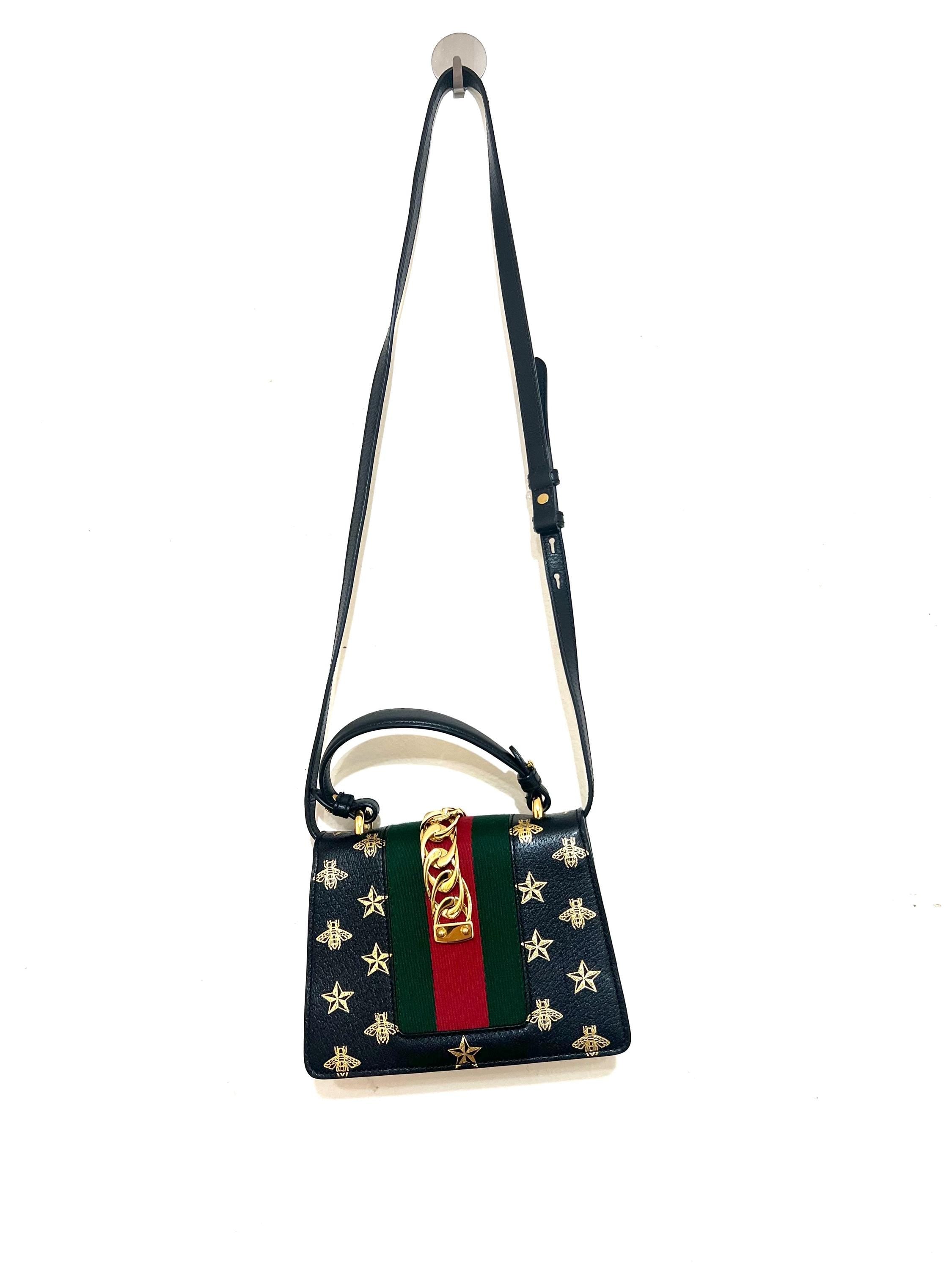 Authentic Gucci Sylvie Bee Star Leather Shoulder Bag - Black with Gold Bee & Star Print