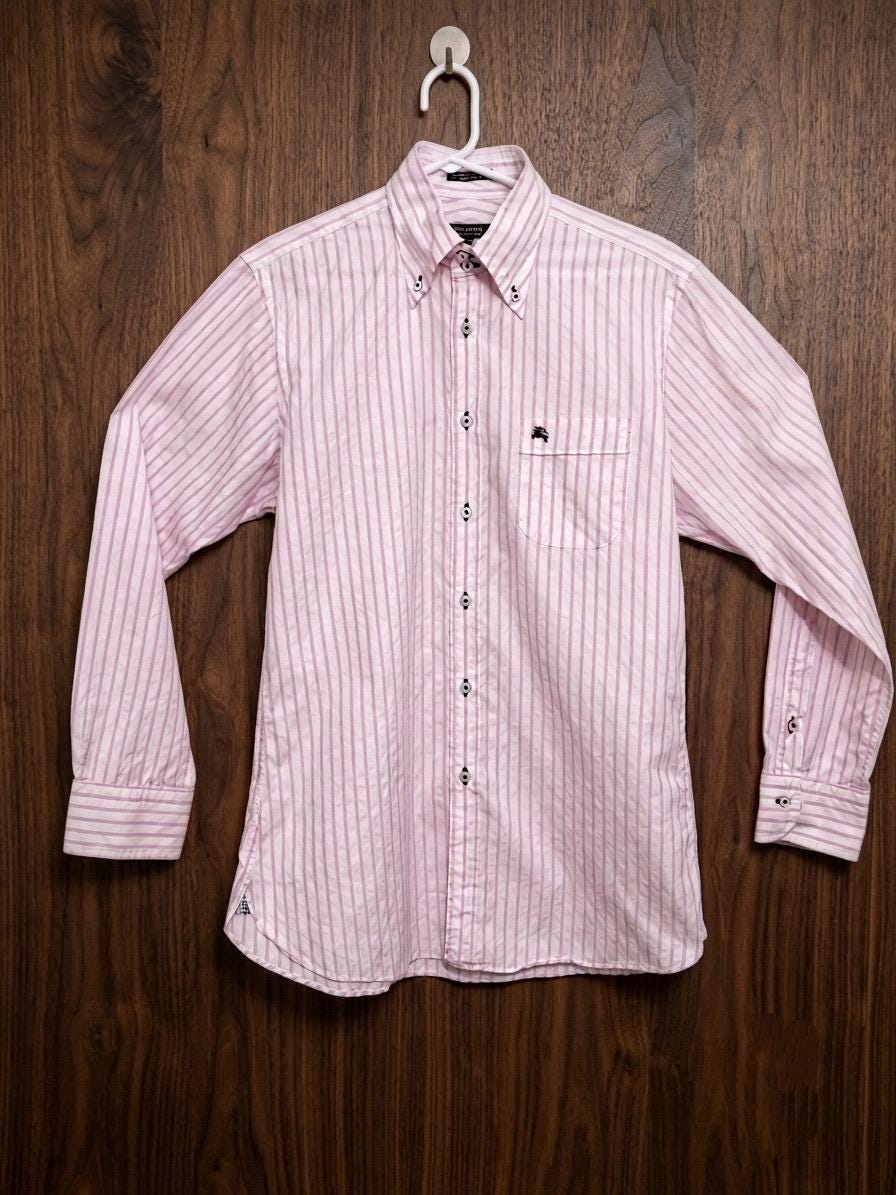 Vintage Burberry Black Label Striped Button-Down Shirt - Pink & White Cotton Long Sleeve, Size 40