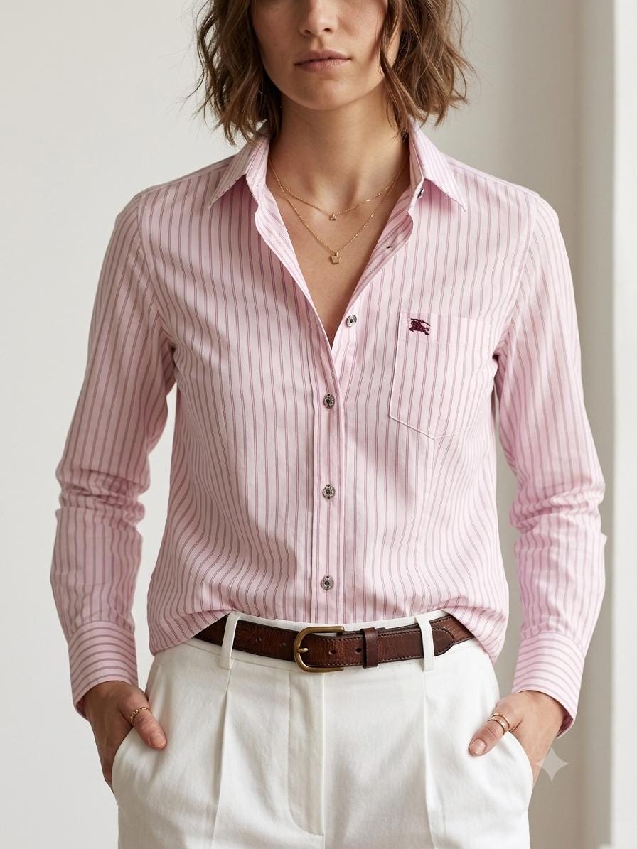 Vintage Burberry Black Label Striped Button-Down Shirt - Pink & White Cotton Long Sleeve, Size 40