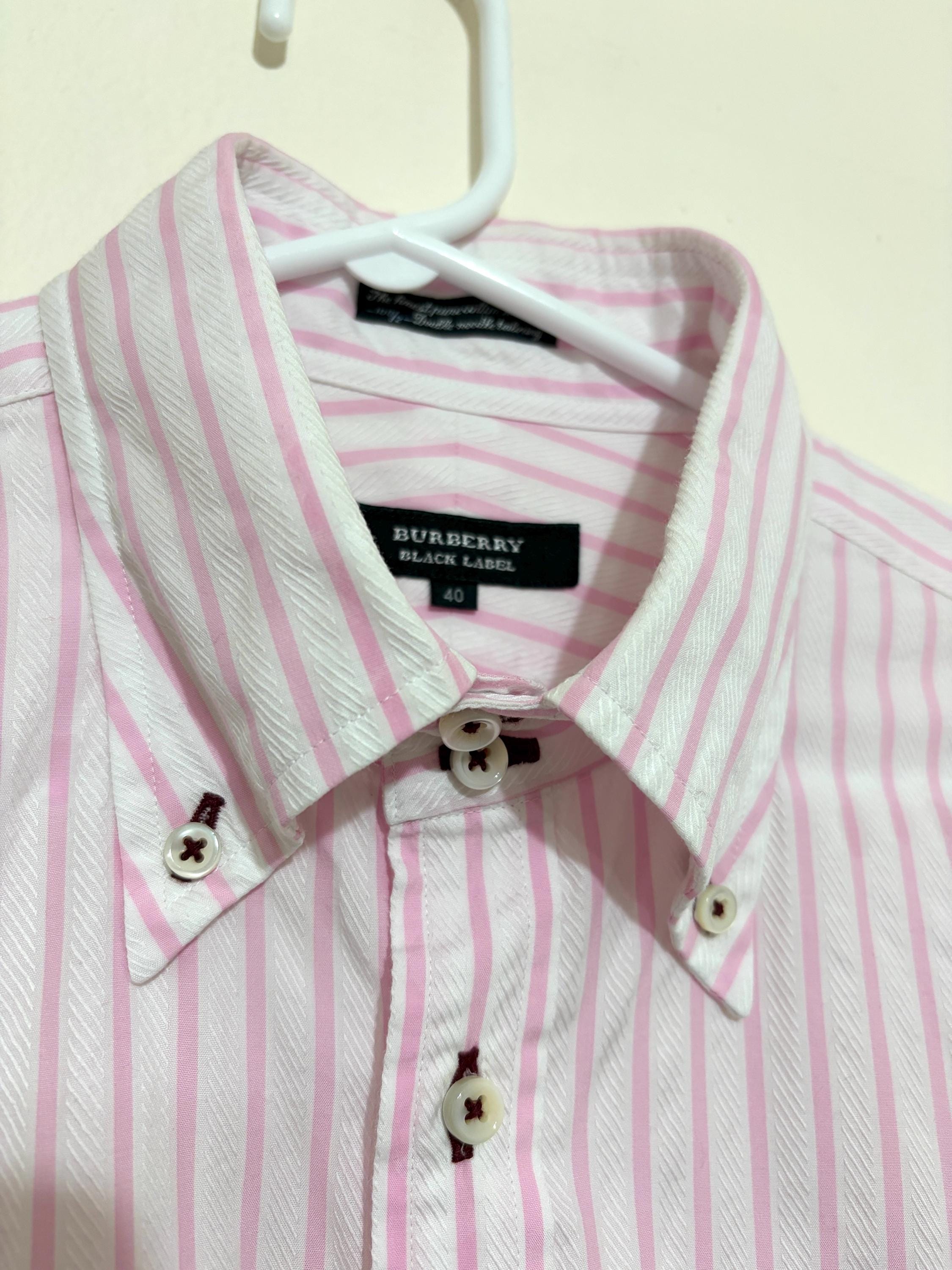 Vintage Burberry Black Label Striped Button-Down Shirt - Pink & White Cotton Long Sleeve, Size 40