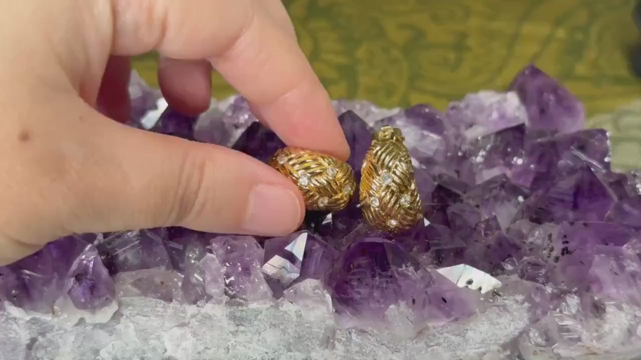 FOXEY Japan Vintage Gold Woven Clip-on Earrings with Crystals, Elegant Woven Texture Jewelry