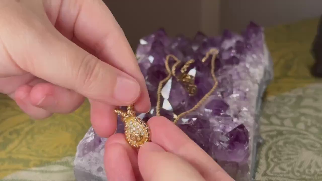 Vintage Christian Dior Gold Tone Crystal Pendant Necklace, Gold Plated